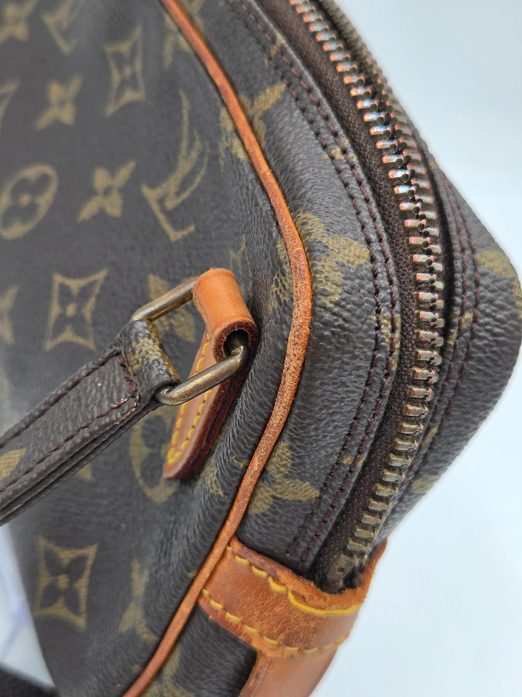 Close-up of a Louis Vuitton monogram canvas bag with brown leather trim and a metal zipper pull.