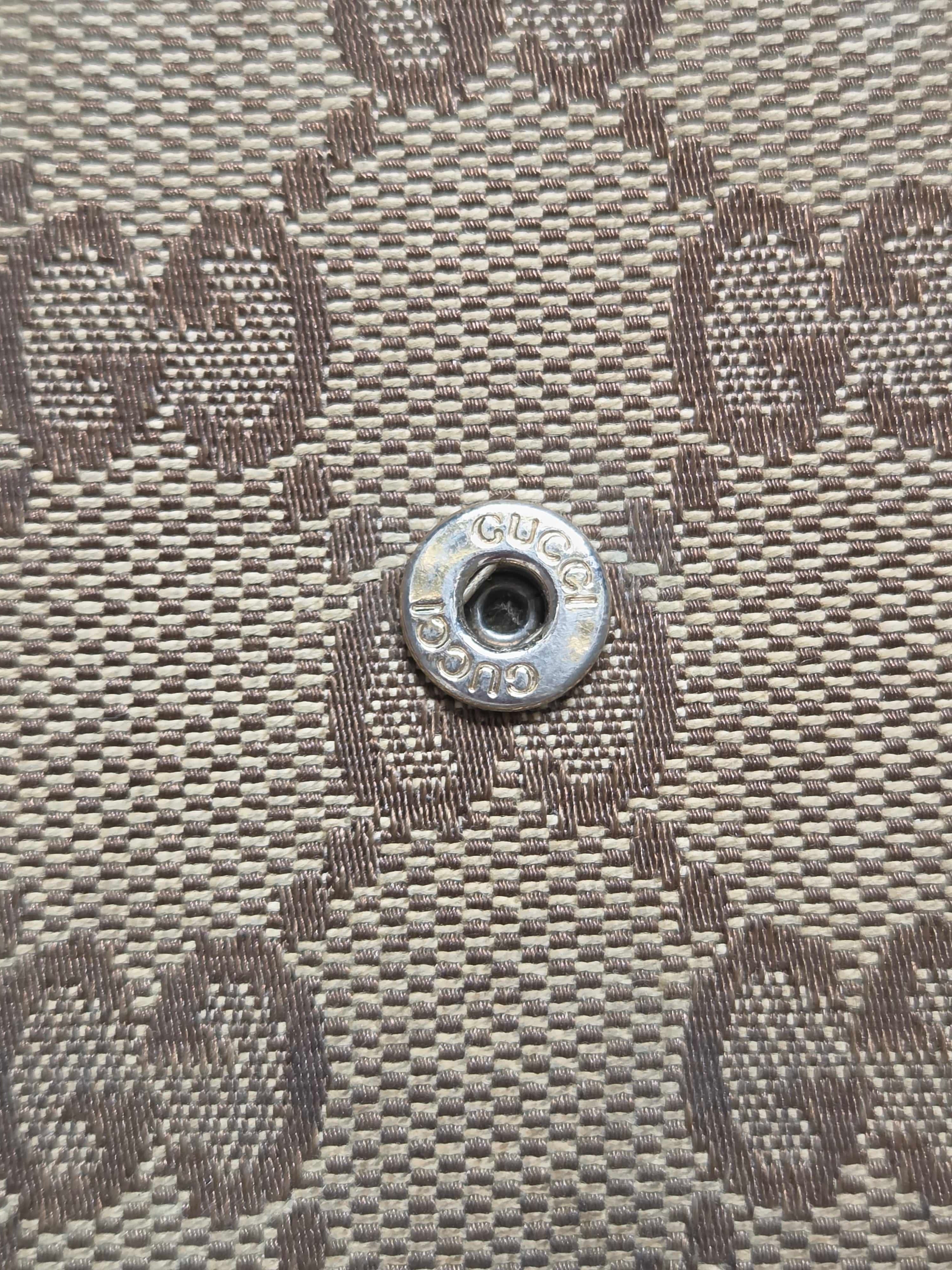 Close-up of a Gucci monogram canvas bag featuring the brand's signature GG pattern in beige and brown, with a silver-tone metal snap button in the center.