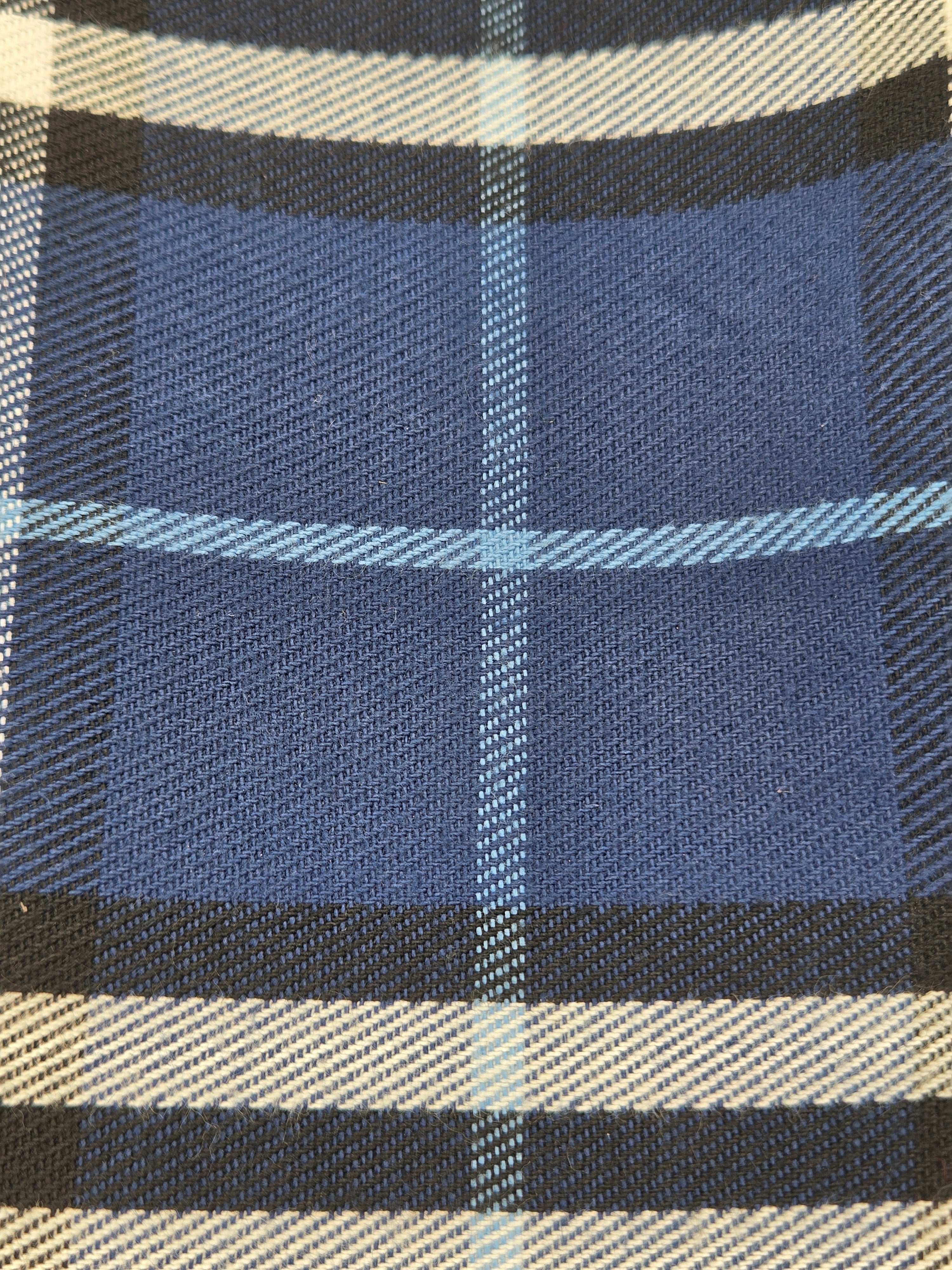 A close-up of a plaid fabric pattern featuring medium blue blocks, black and white vertical stripes, and thin light blue diagonal lines.