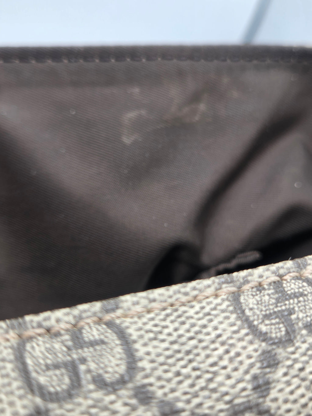Close-up of the interior lining and edge of a monogram bag, showing dark brown fabric lining and a beige-and-gray patterned exterior with visible scuffs and wear.