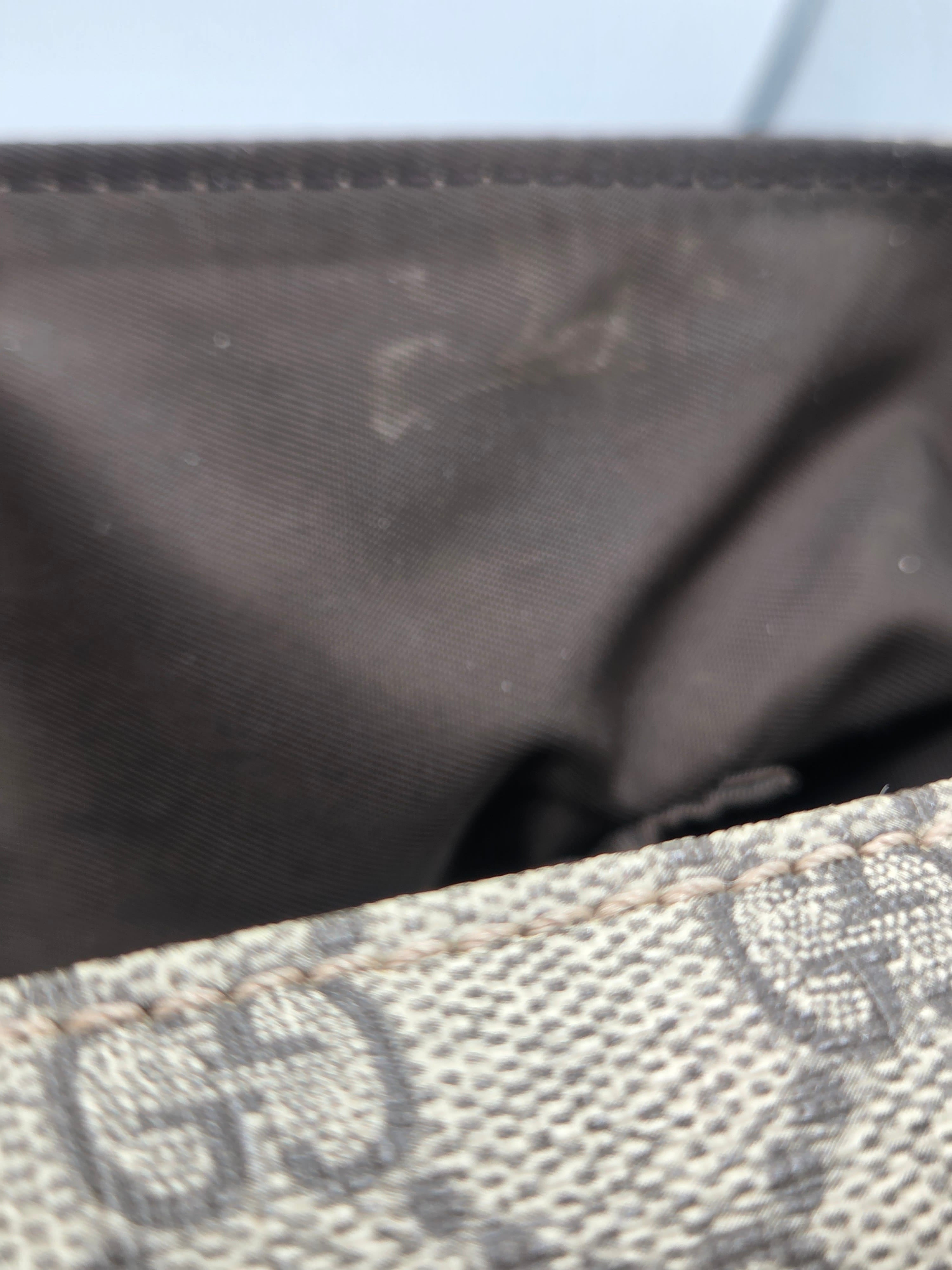 Close-up of the interior lining and edge of a monogram bag, showing dark brown fabric lining and a beige-and-gray patterned exterior with visible scuffs and wear.