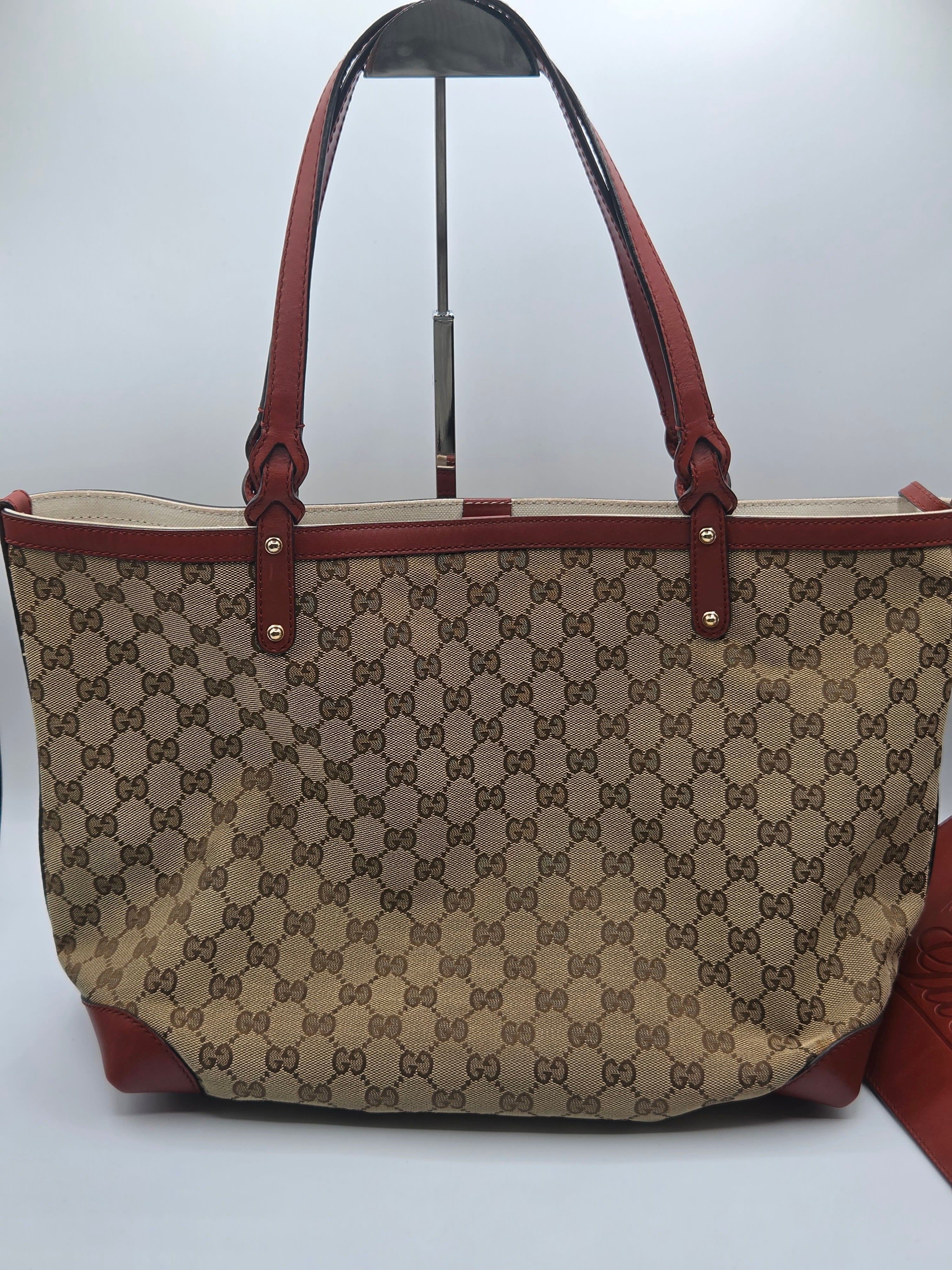 Gucci GG Canvas Craft Tote | Beige & Reddish-Brown Leather | Matching Pouch | Authentic