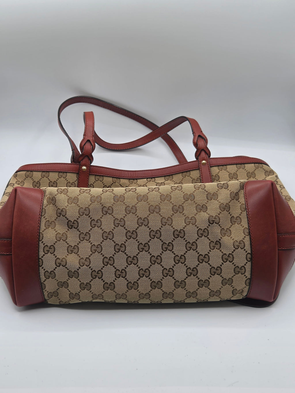 Gucci GG Canvas Craft Tote | Beige & Reddish-Brown Leather | Matching Pouch | Authentic