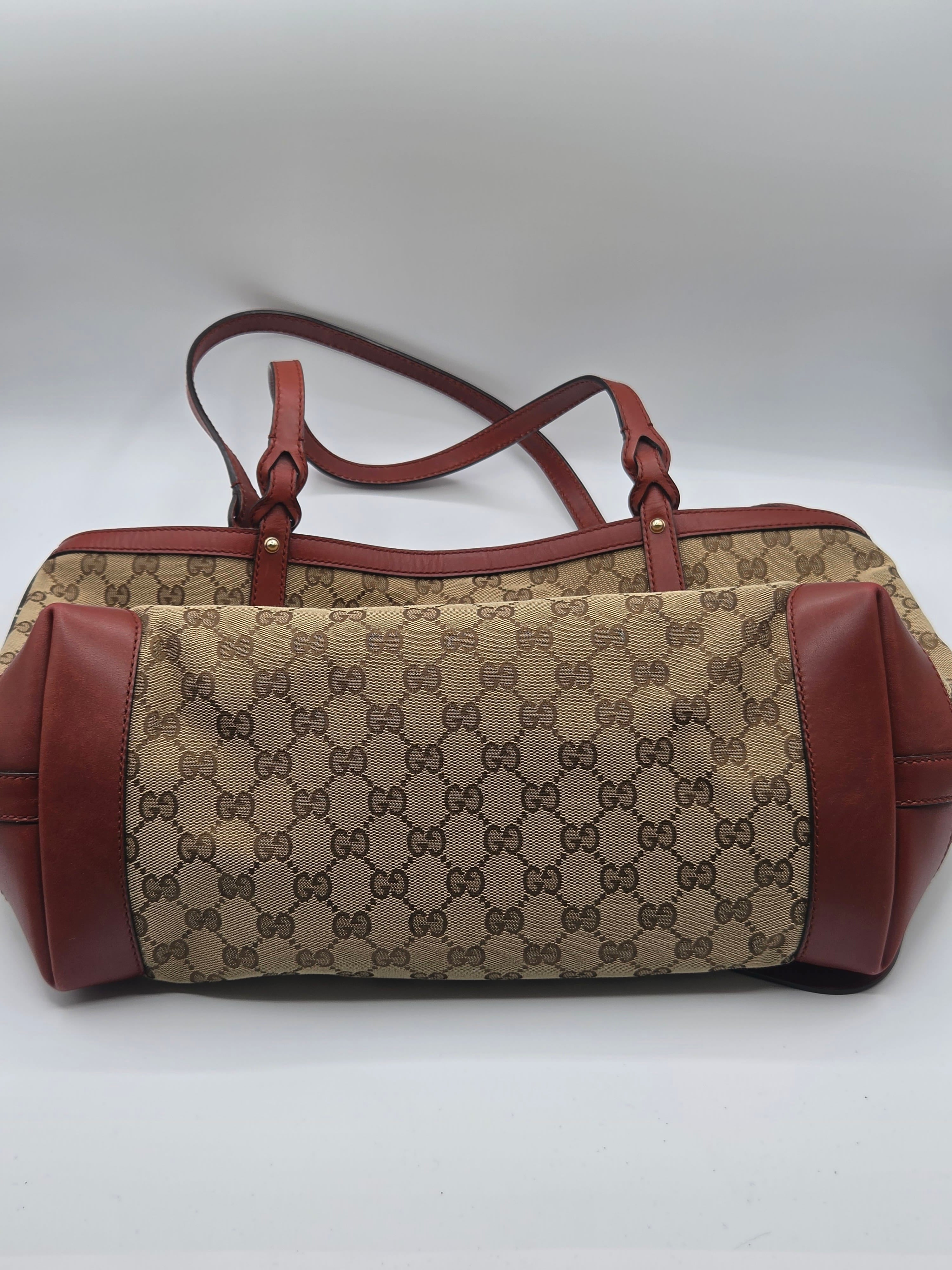 Gucci GG Canvas Craft Tote | Beige & Reddish-Brown Leather | Matching Pouch | Authentic