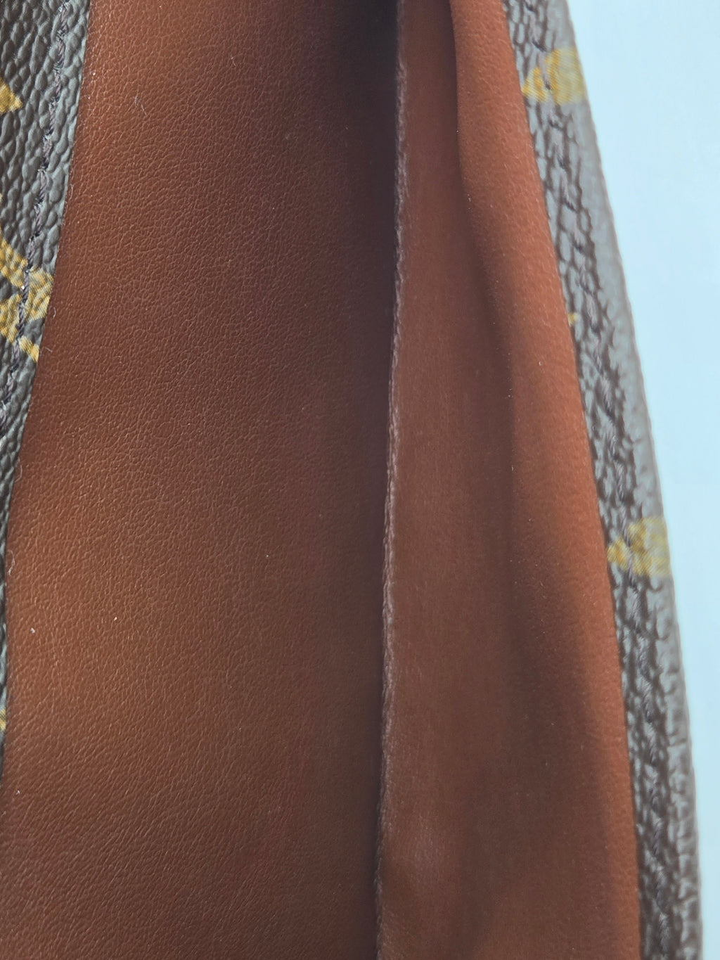 Close-up detail of a brown leather interior panel with a sliver of dark monogram-patterned exterior material visible on the sides.