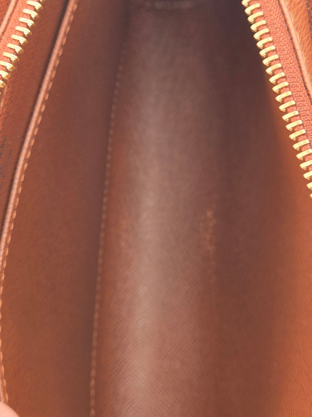 Close-up of the interior of a brown leather zippered pouch or bag, showing the smooth brown lining, stitched edges, and gold-tone zipper teeth.