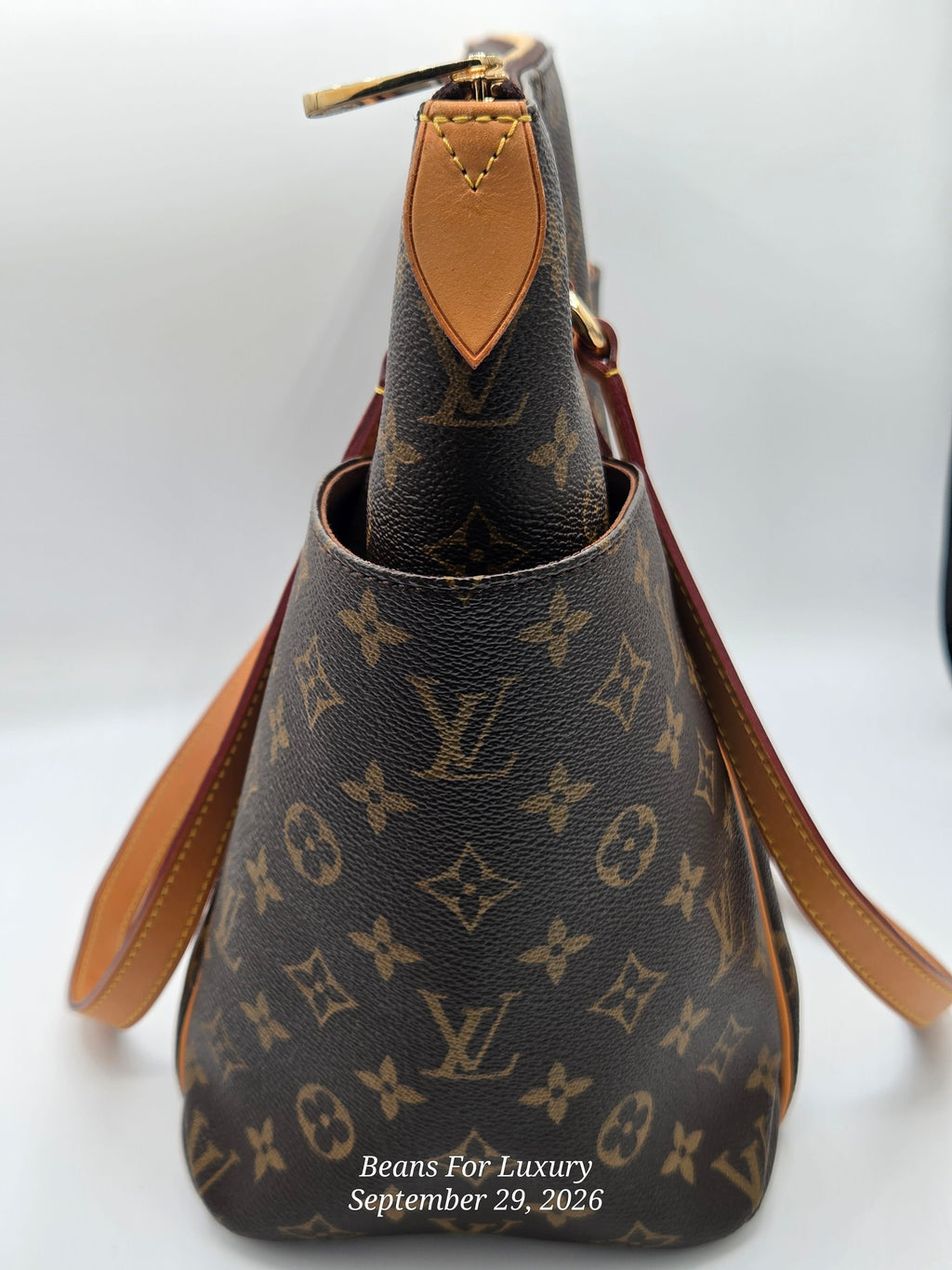 A Louis Vuitton monogram shoulder bag in dark brown coated canvas with tan leather trim and strap, shown against a light gray background. A watermark at the bottom reads 'Beans For Luxury September 29, 2026'.