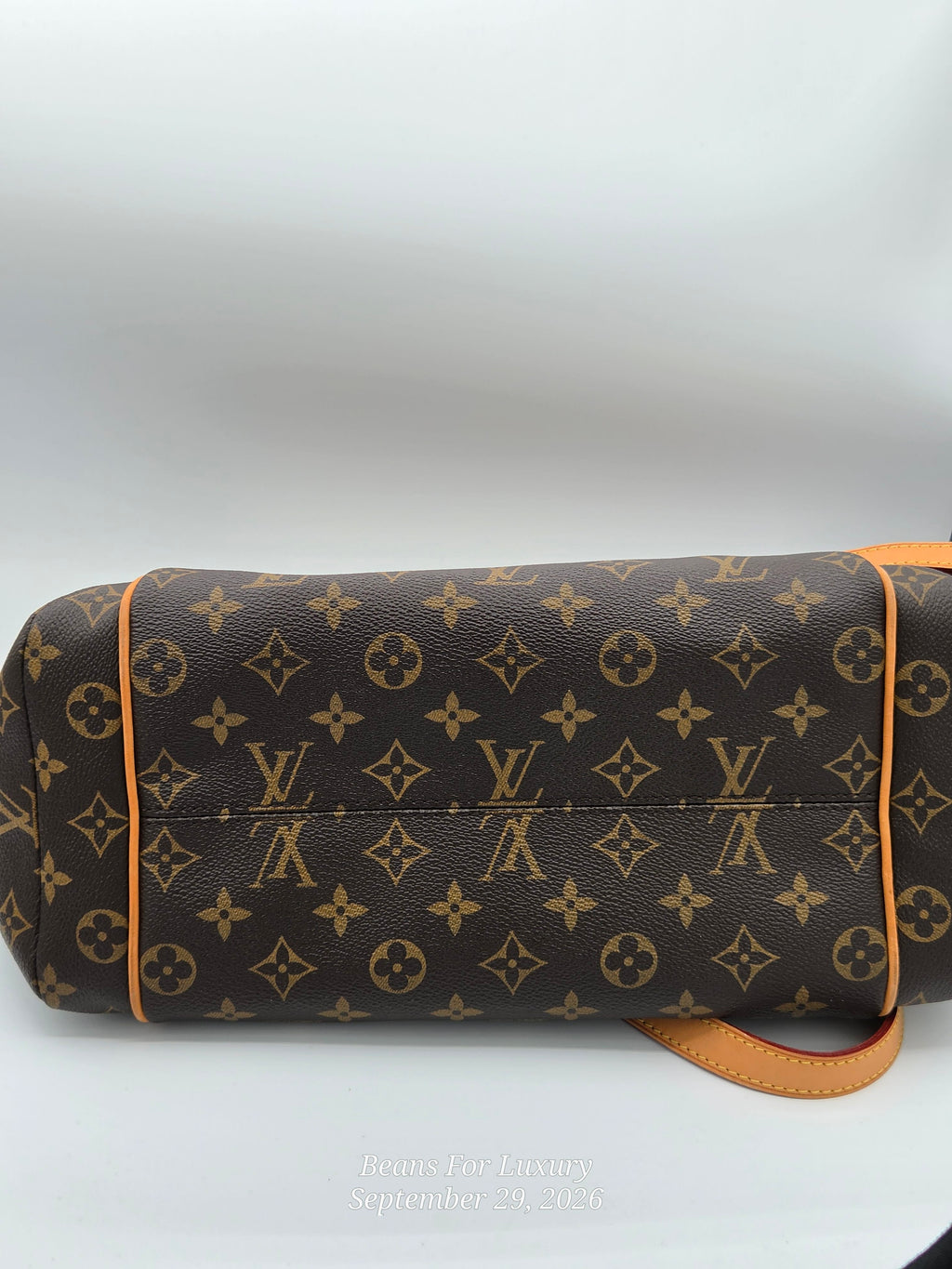 Louis Vuitton monogram canvas shoulder bag in brown and tan with orange-brown leather trim and strap, photographed against a light gray background.