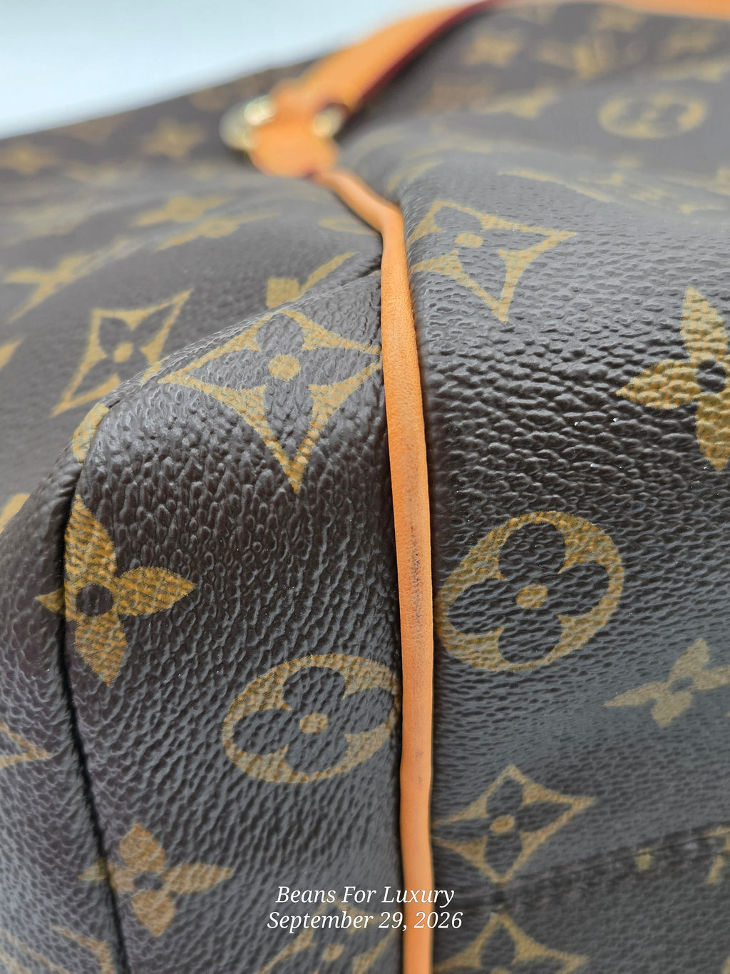 Close-up of a Louis Vuitton monogram canvas bag with dark brown coated canvas, tan monogram print, and a light brown leather strap.