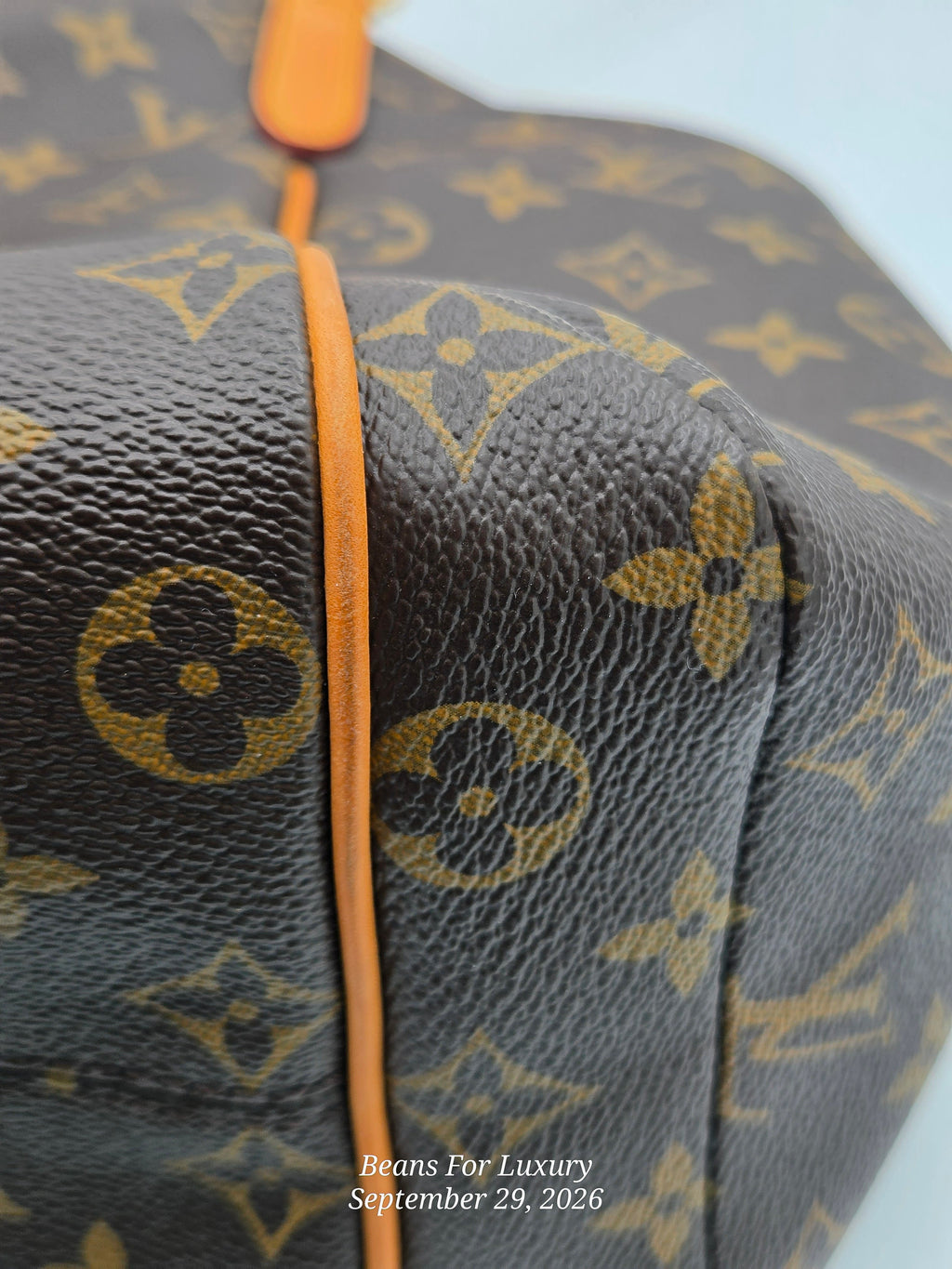 Close-up of a Louis Vuitton monogram canvas bag in dark brown and tan with orange leather trim, showing the classic floral monogram pattern and a vertical orange zipper pull.