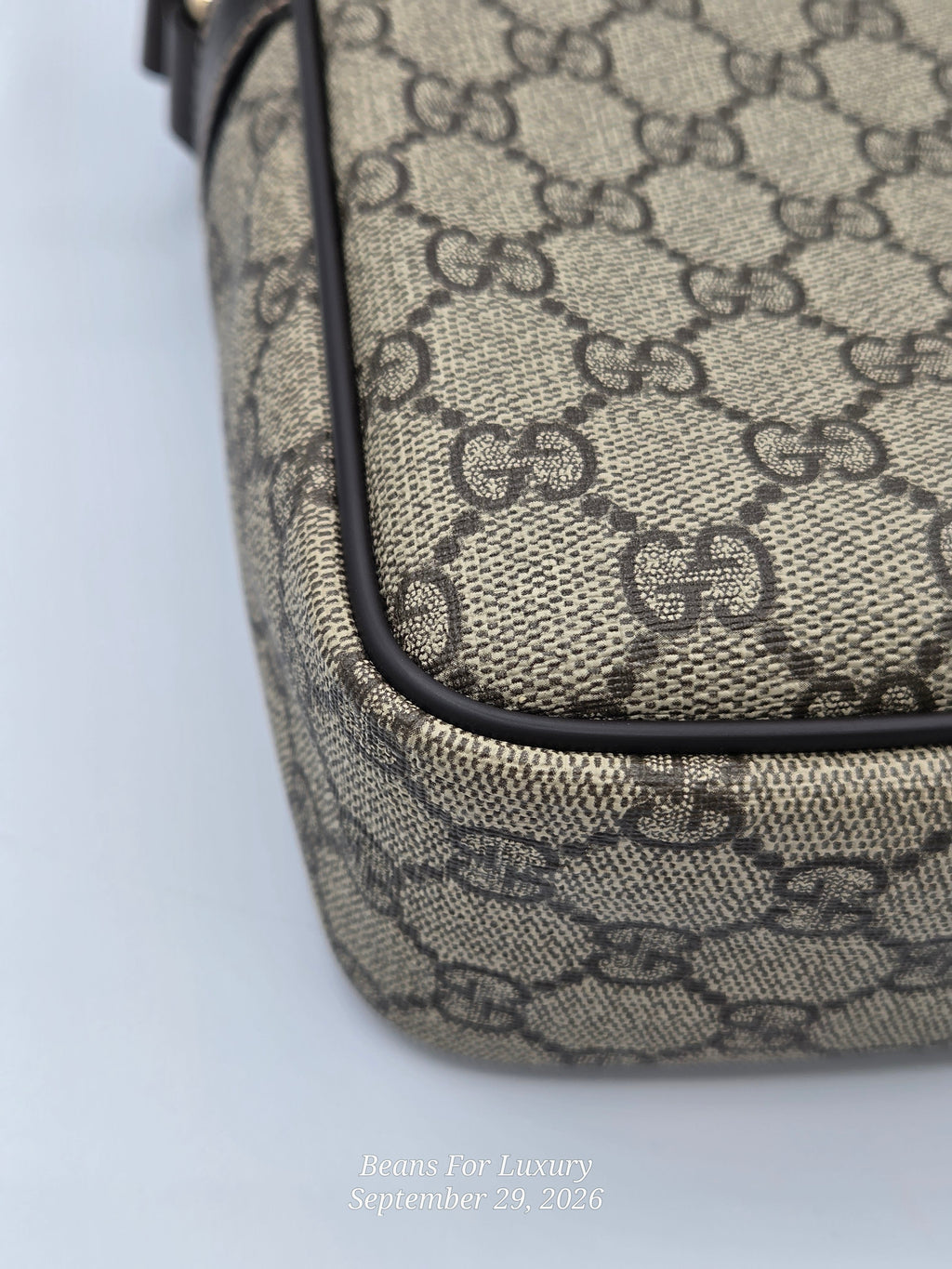 Close-up of a beige and brown monogram canvas bag corner with black leather trim, showing the repeating interlocking GG pattern.