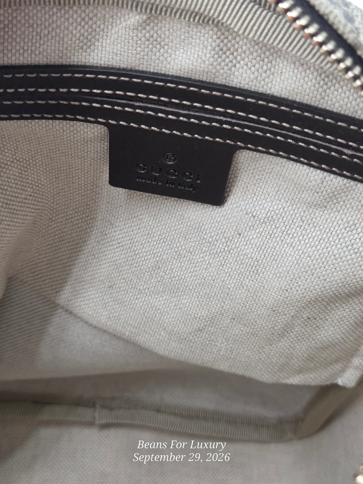Close-up of the interior of a beige canvas bag with black leather trim and a black interior label embossed with the brand name 'SUEDE'.