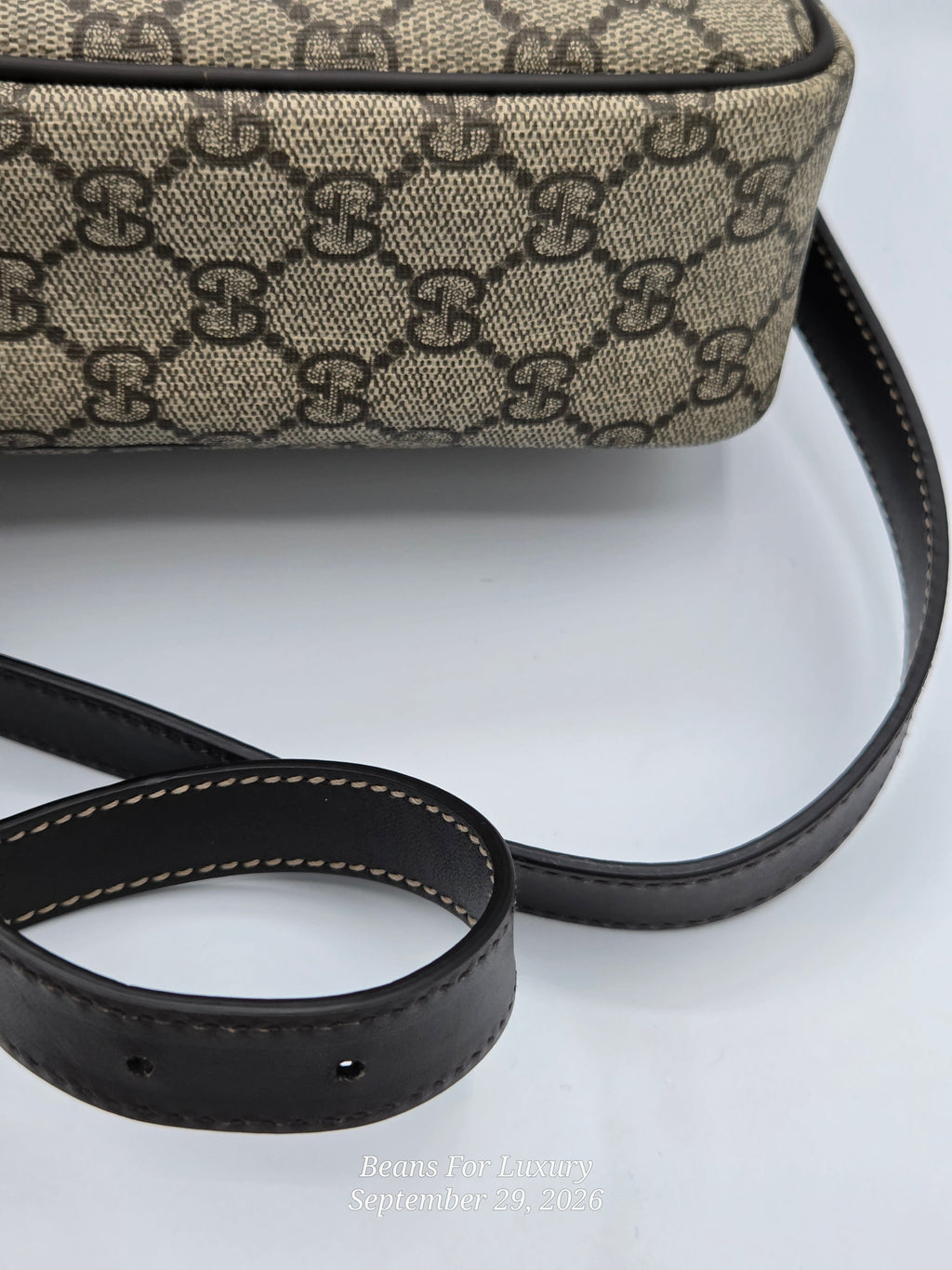 Close-up of a beige and black monogram canvas bag with a black leather strap on a white background.