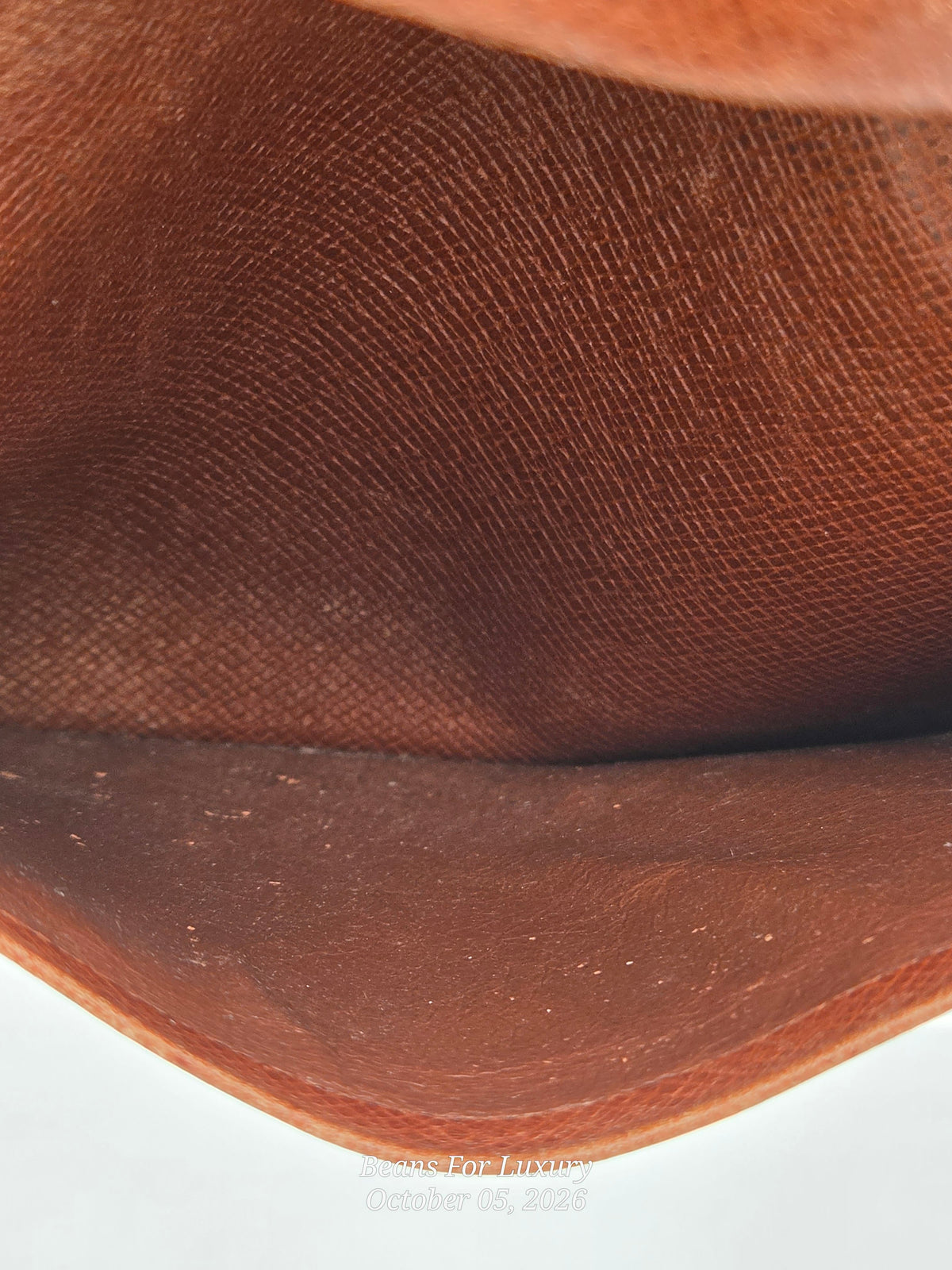 Close-up detail of a brown leather interior or pouch lining with visible grain texture and a small watermark at the bottom.