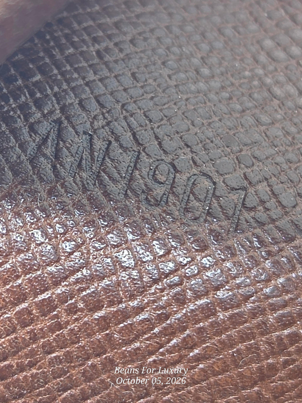Close-up of textured leather showing a dark brown embossed logo and a lighter brown grain section below, with small 'Begins For Luxury' text at the bottom right.