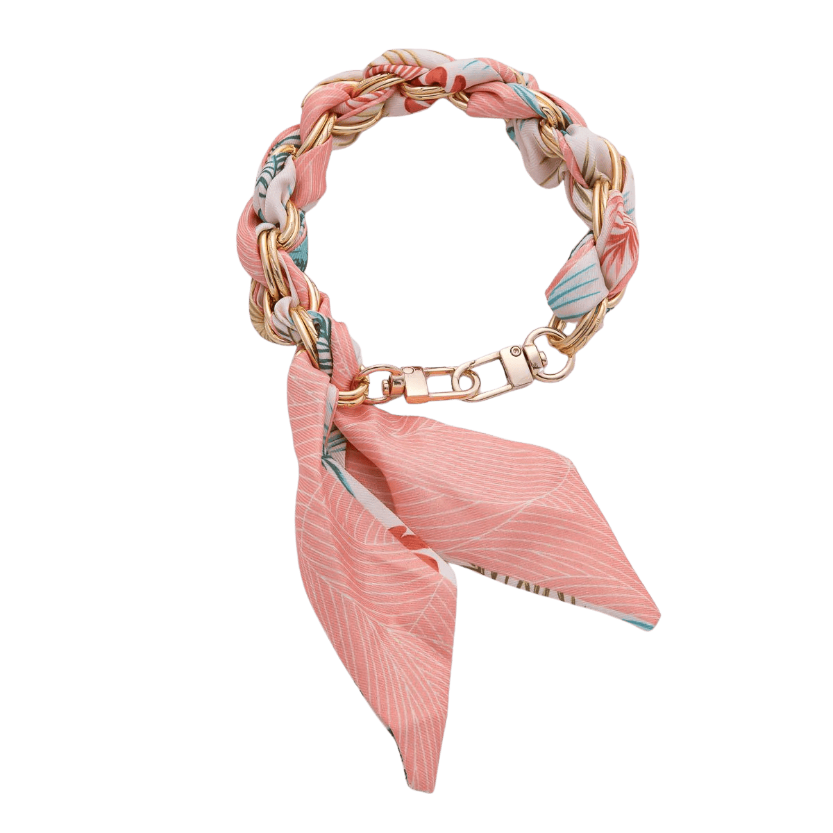 Bracelet with pink fabric wrap and gold chain on a green background