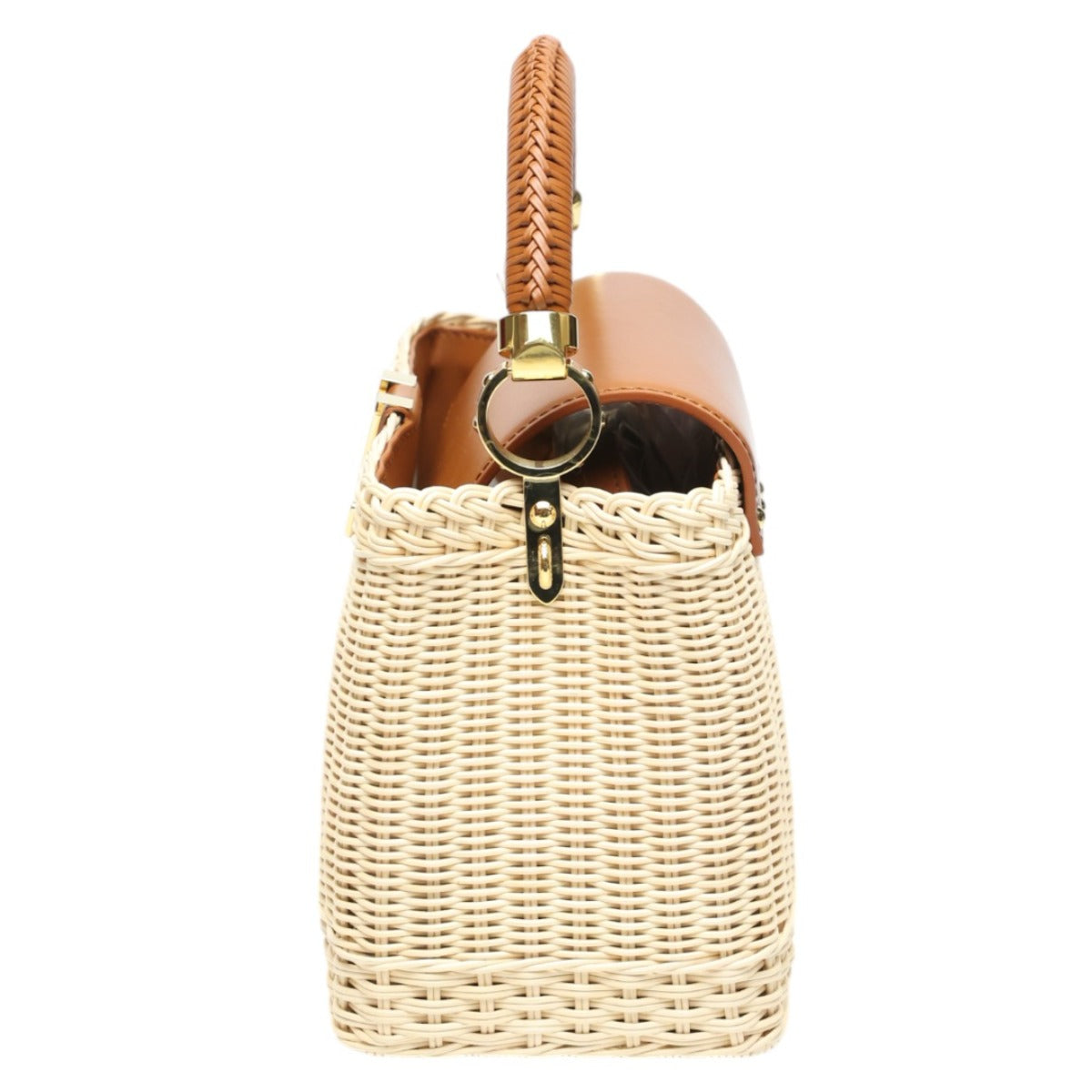 Wicker handbag with leather handle on a white background