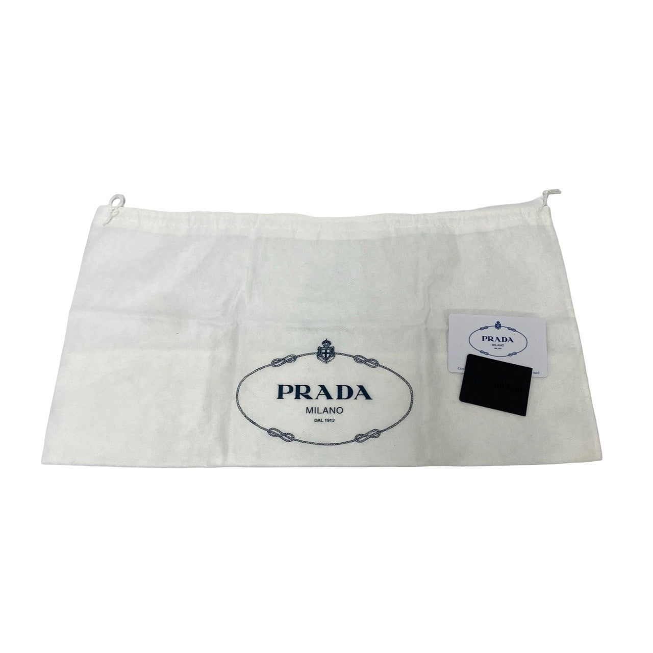 Prada branded pouch with logo and tag on a white background