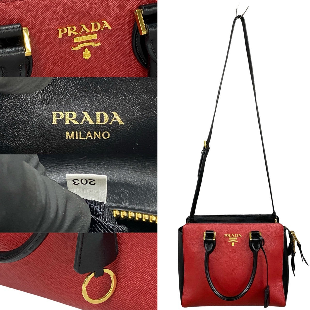 Red Prada handbag with gold accents and 'Prada Milano' branding on a white background.