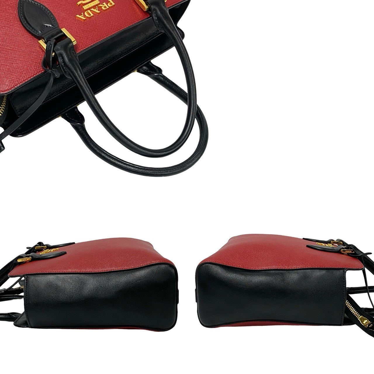 Red and black handbag with gold accents on a white background