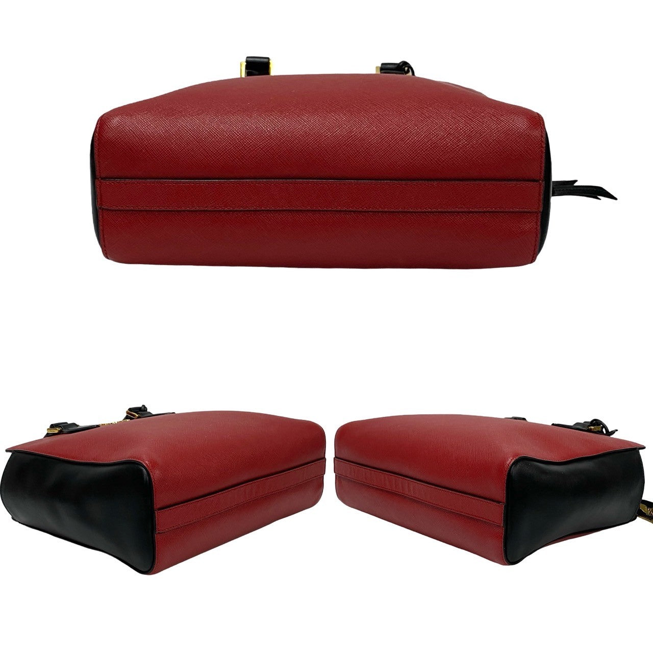 Red handbag with black accents on a white background