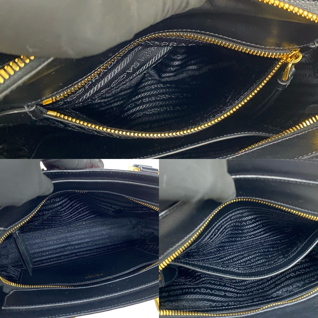 Close-up of a navy blue bag with gold zipper, showing texture and stitching details.