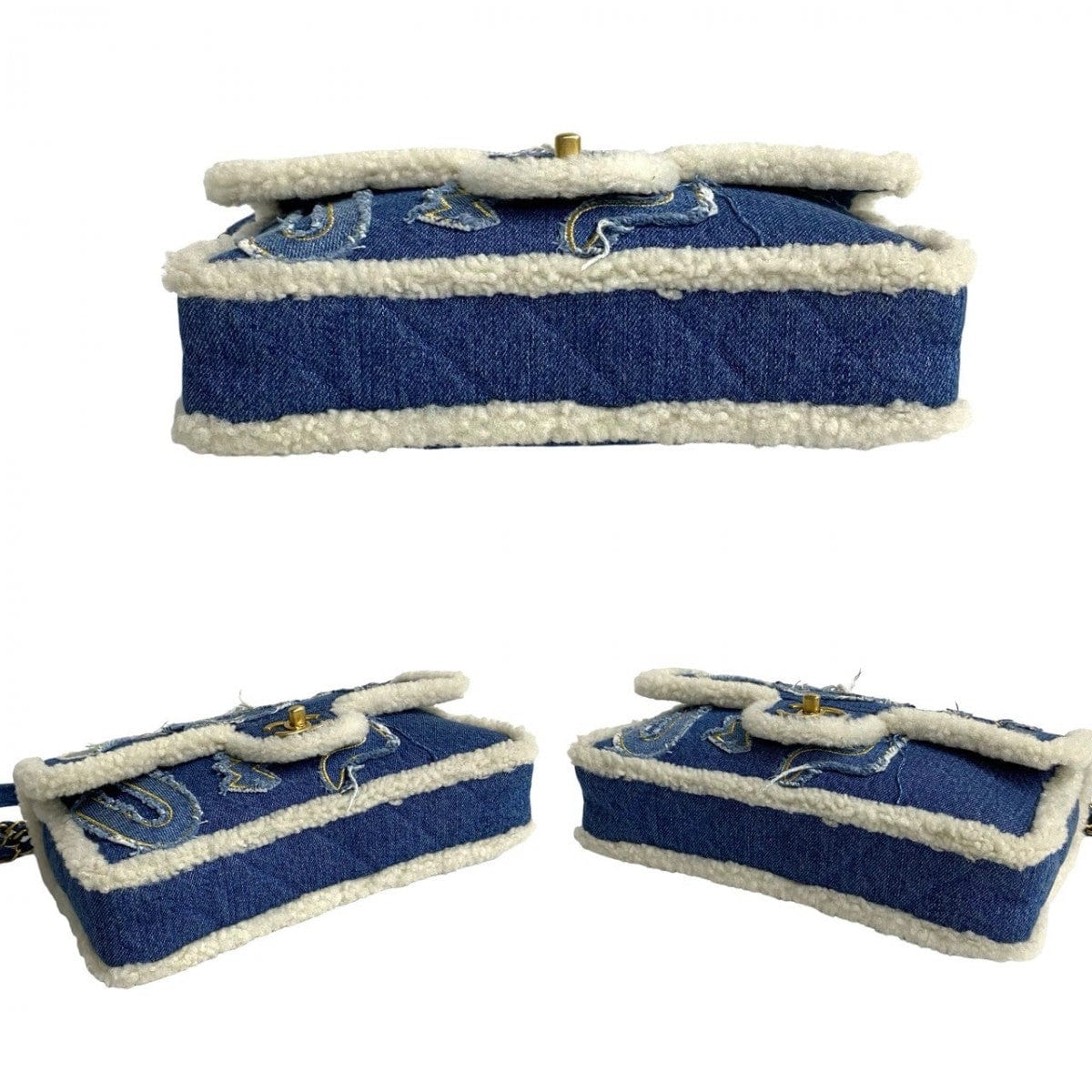 Set of three blue pet carriers with white fur lining on a white background