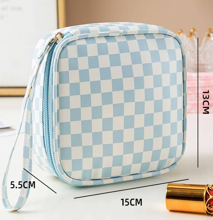 Checkered pouch with measurements on a white background