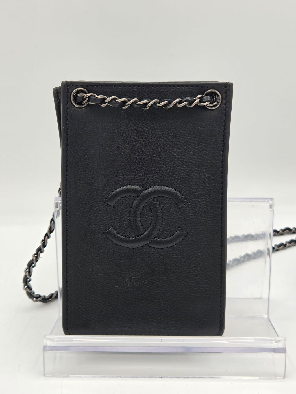 Chanel Calfskin Leather Phone Holder Crossbody | Black | Silver Hardware | Karl Lagerfeld Era | Authenticated | Pre-Owned