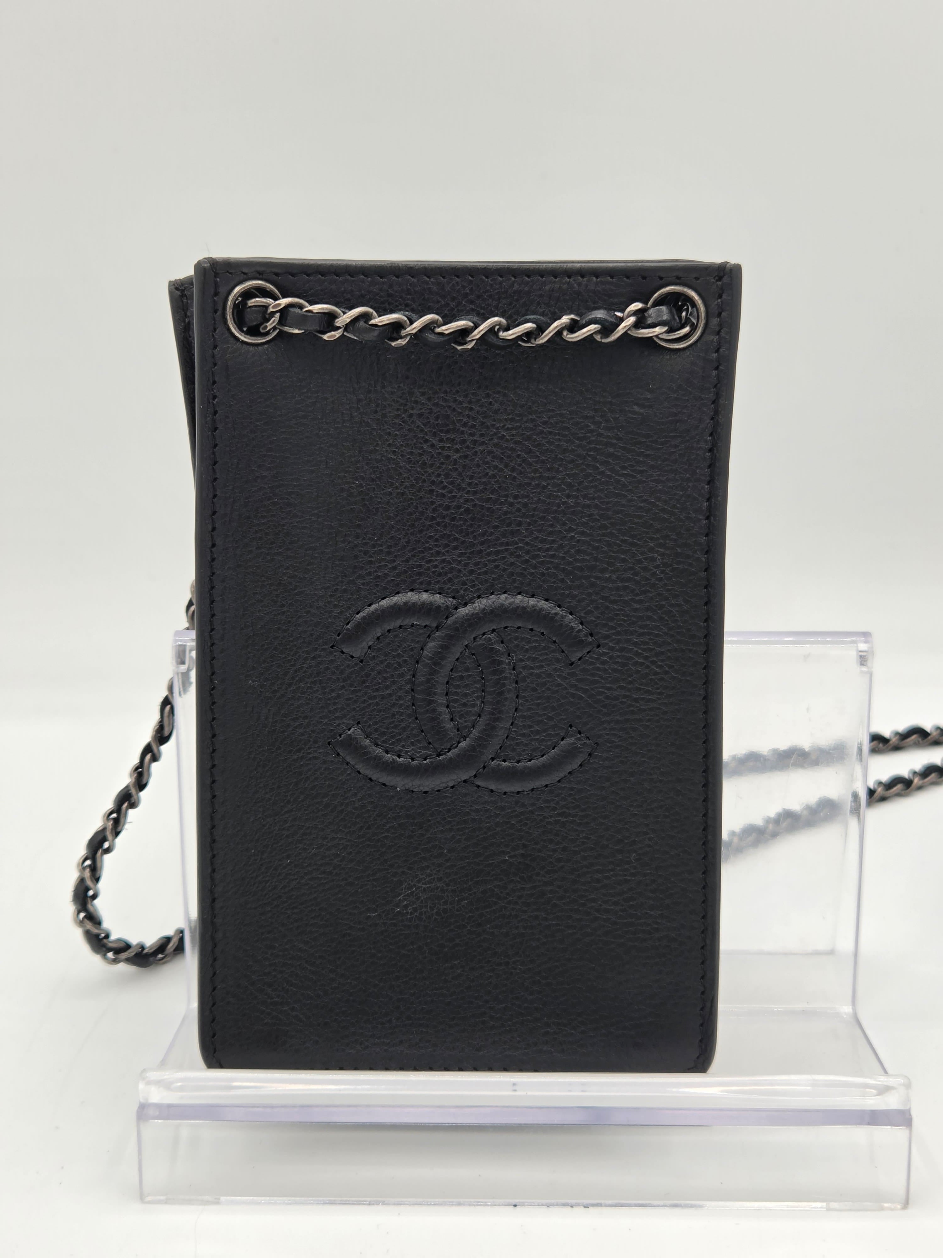 Chanel Calfskin Leather Phone Holder Crossbody | Black | Silver Hardware | Karl Lagerfeld Era | Authenticated | Pre-Owned