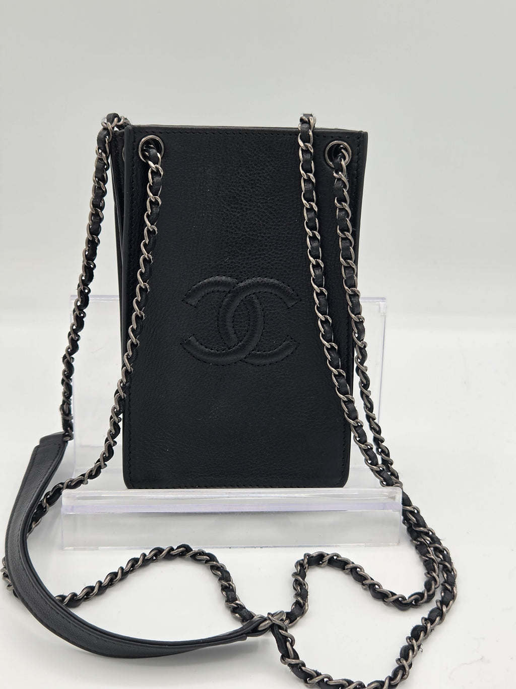 Chanel Calfskin Leather Phone Holder Crossbody | Black | Silver Hardware | Karl Lagerfeld Era | Authenticated | Pre-Owned
