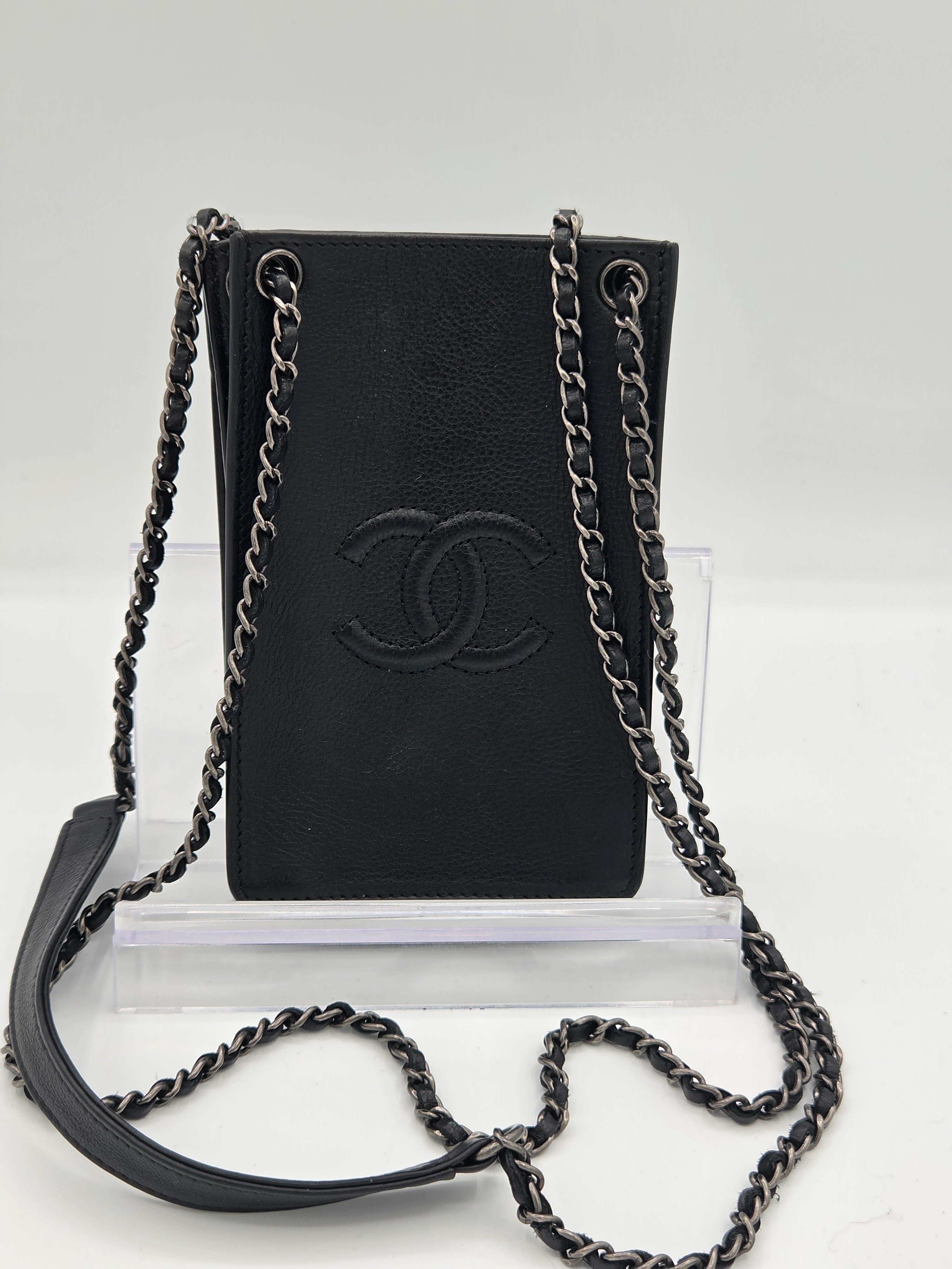 Chanel Calfskin Leather Phone Holder Crossbody | Black | Silver Hardware | Karl Lagerfeld Era | Authenticated | Pre-Owned