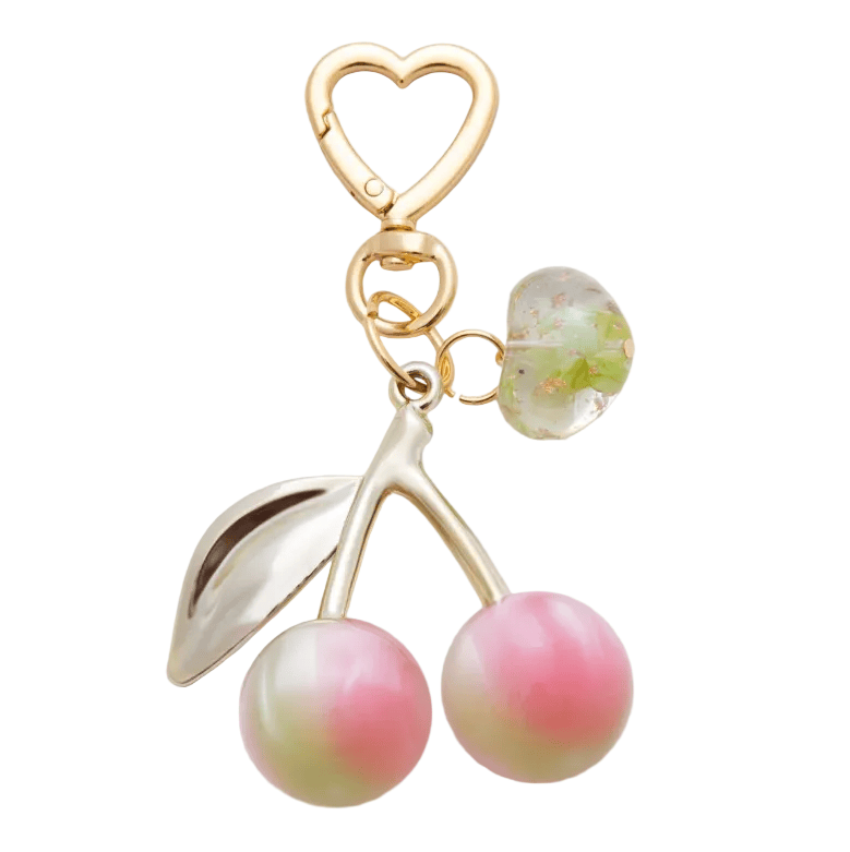 Cherries Bag Charm Keychain Light Green – Gold Heart Clip | Acrylic Cherry Charm | Boutique Accessory | New