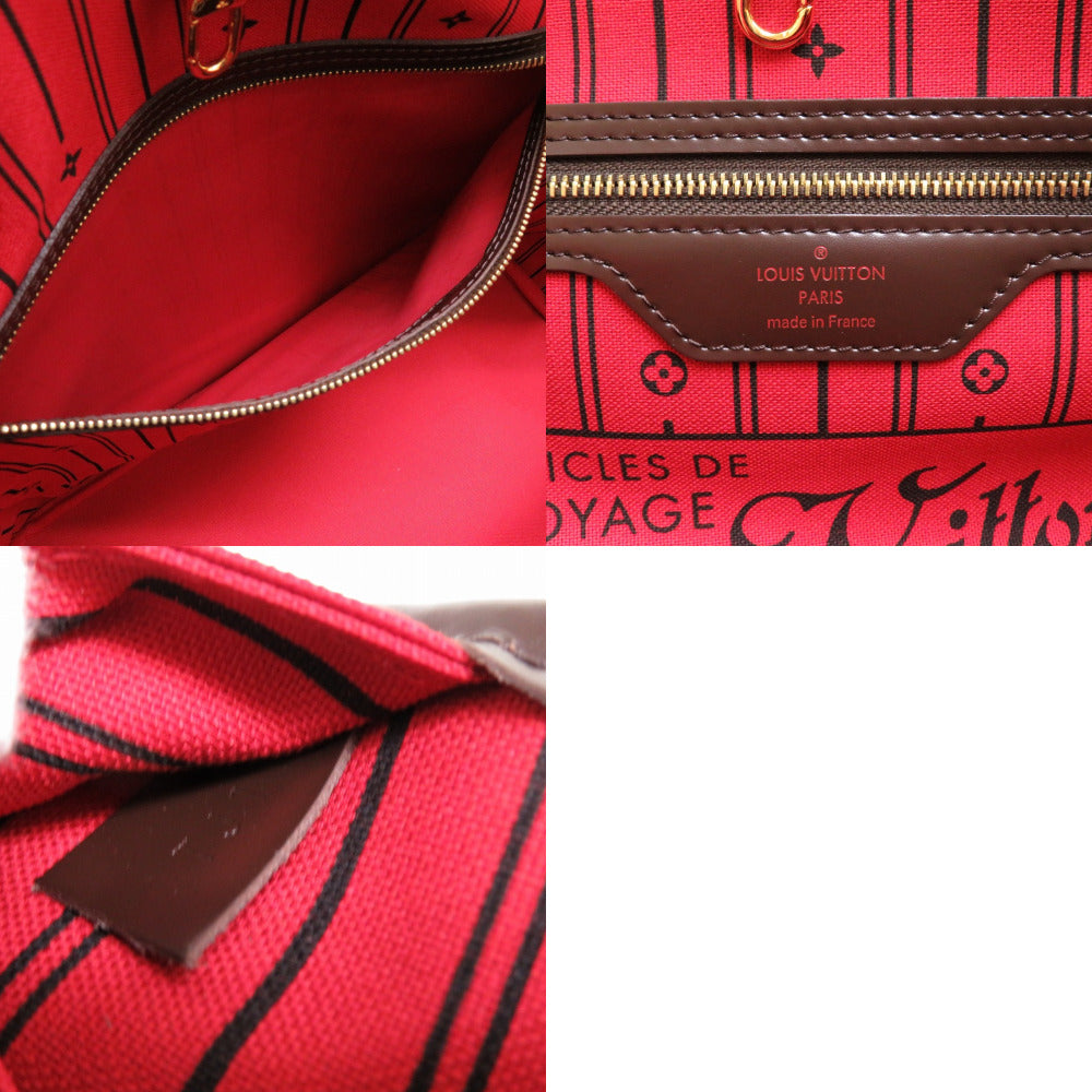 Red handbag with black text and brown leather accents, featuring Louis Vuitton branding.