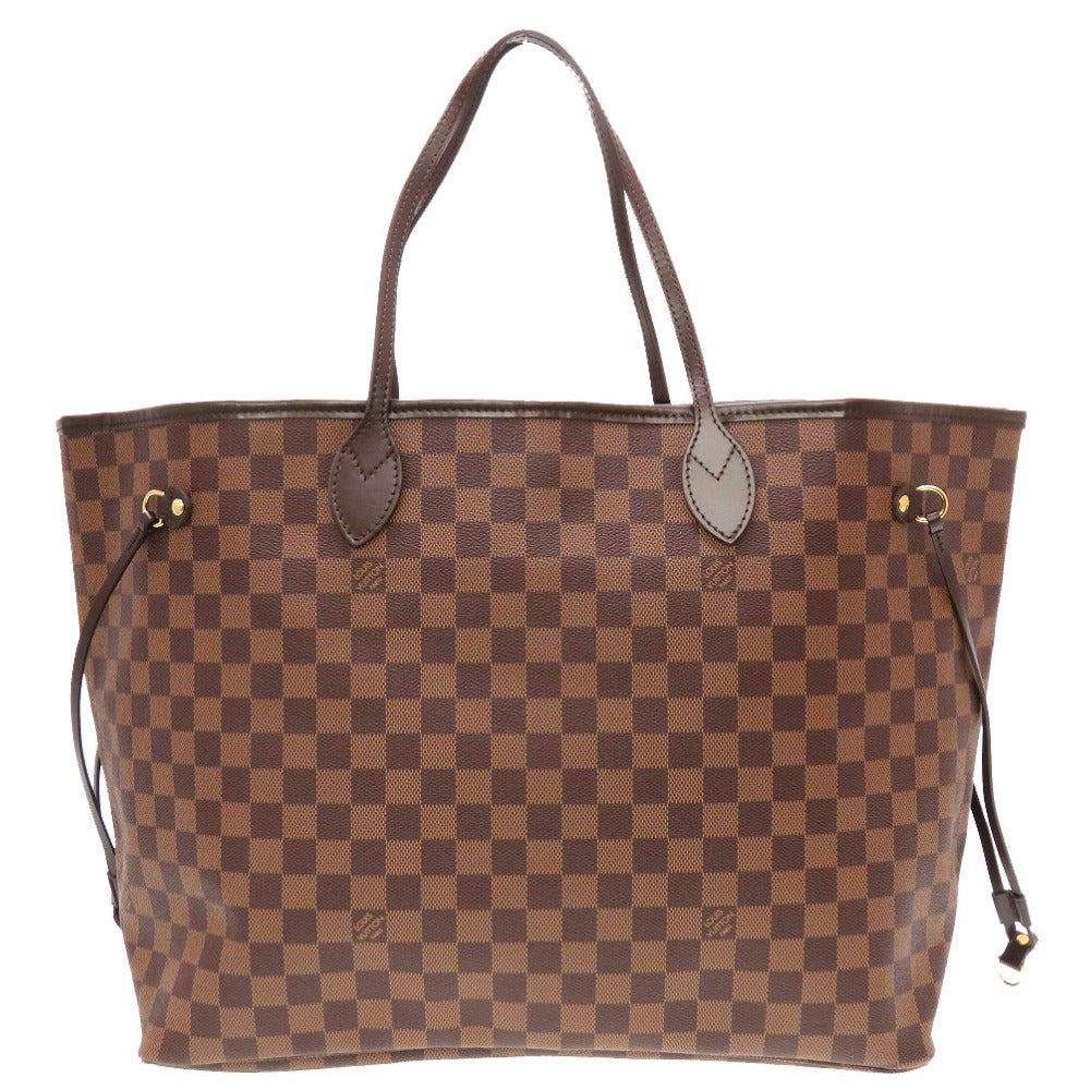 Brown checkered handbag with gold accents on a white background