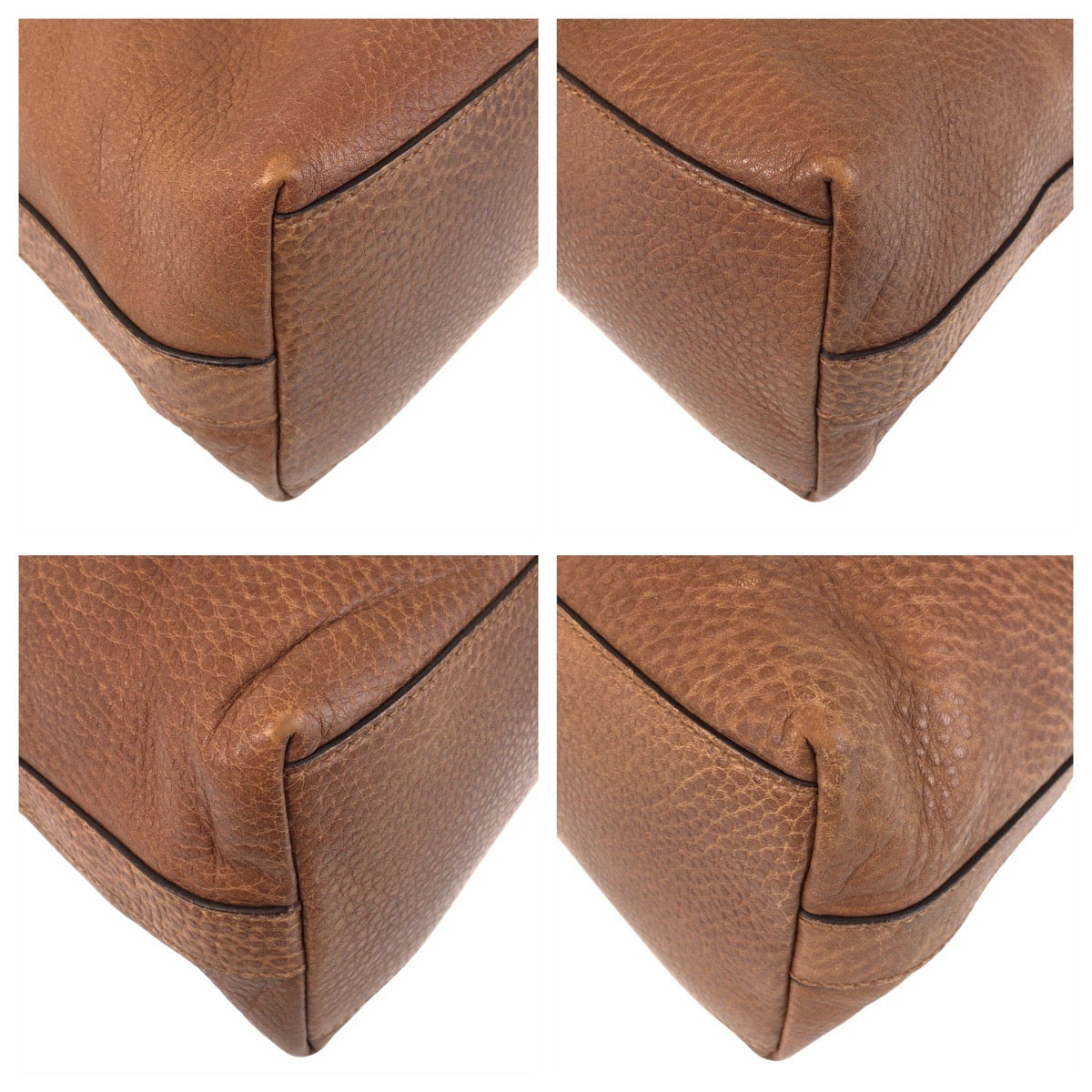 Four corner views of a brown leather product with visible stitching on a white background