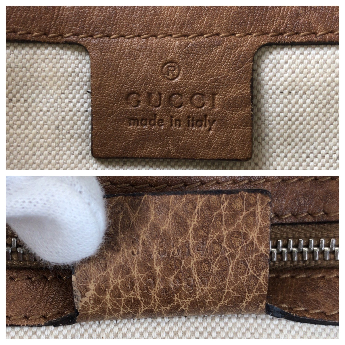 Close-up of Gucci leather tag with 'made in Italy' text on a textured background.