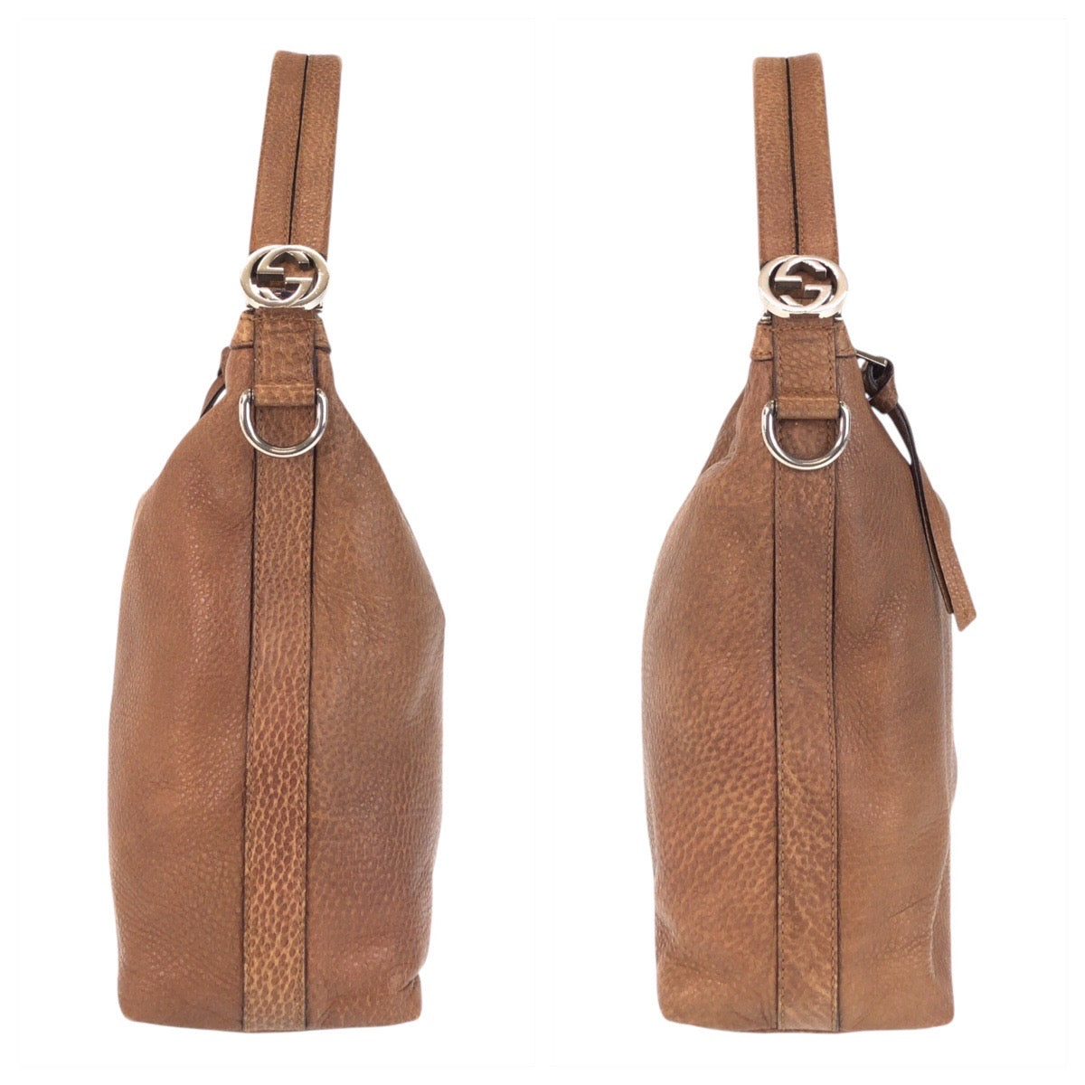 Brown leather handbag with silver hardware on a white background