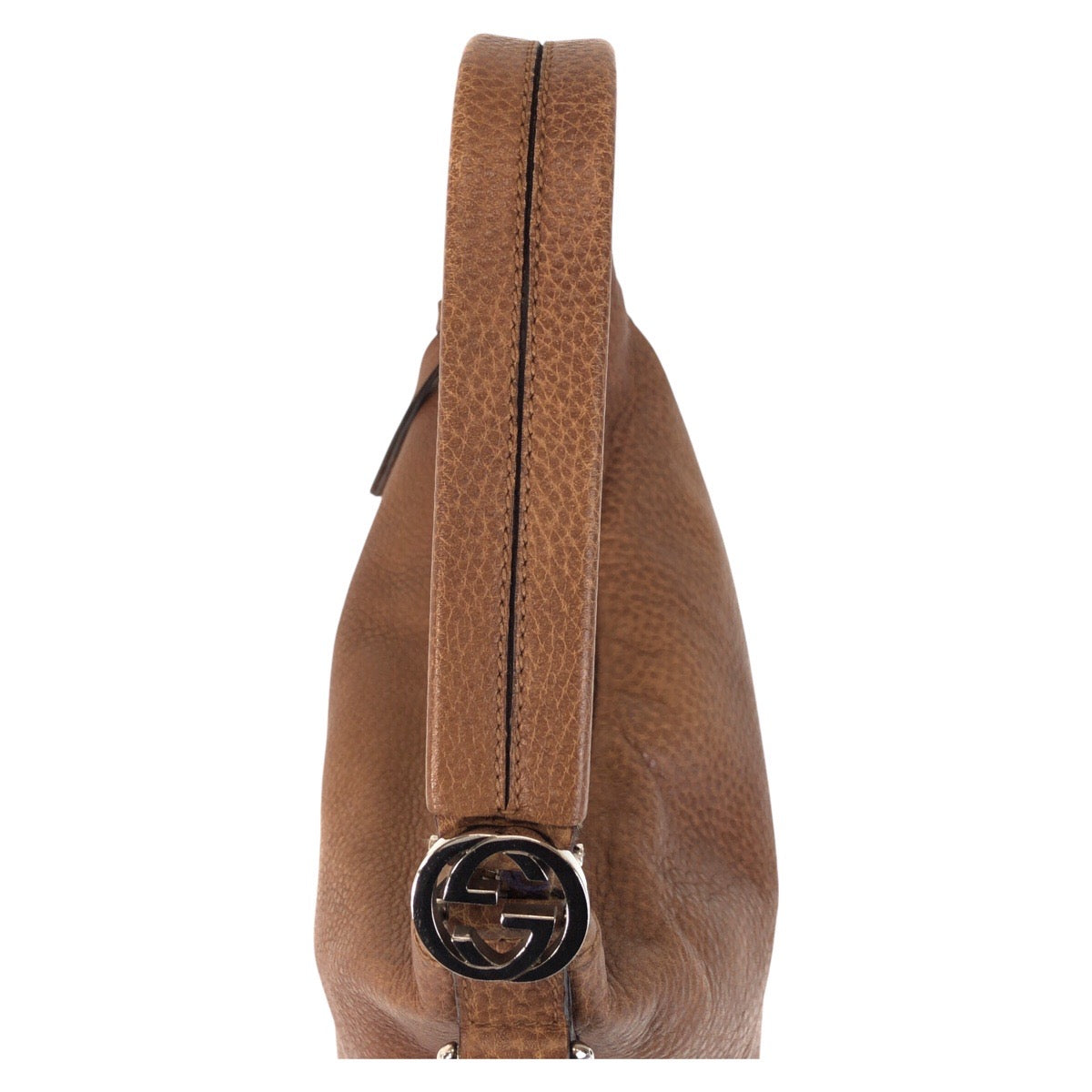Brown leather handbag with a visible brand logo on a white background