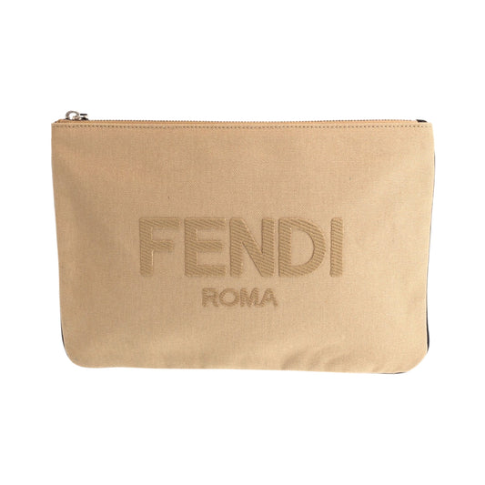 Beige Fendi pouch with 'Fendi Roma' text on a white background