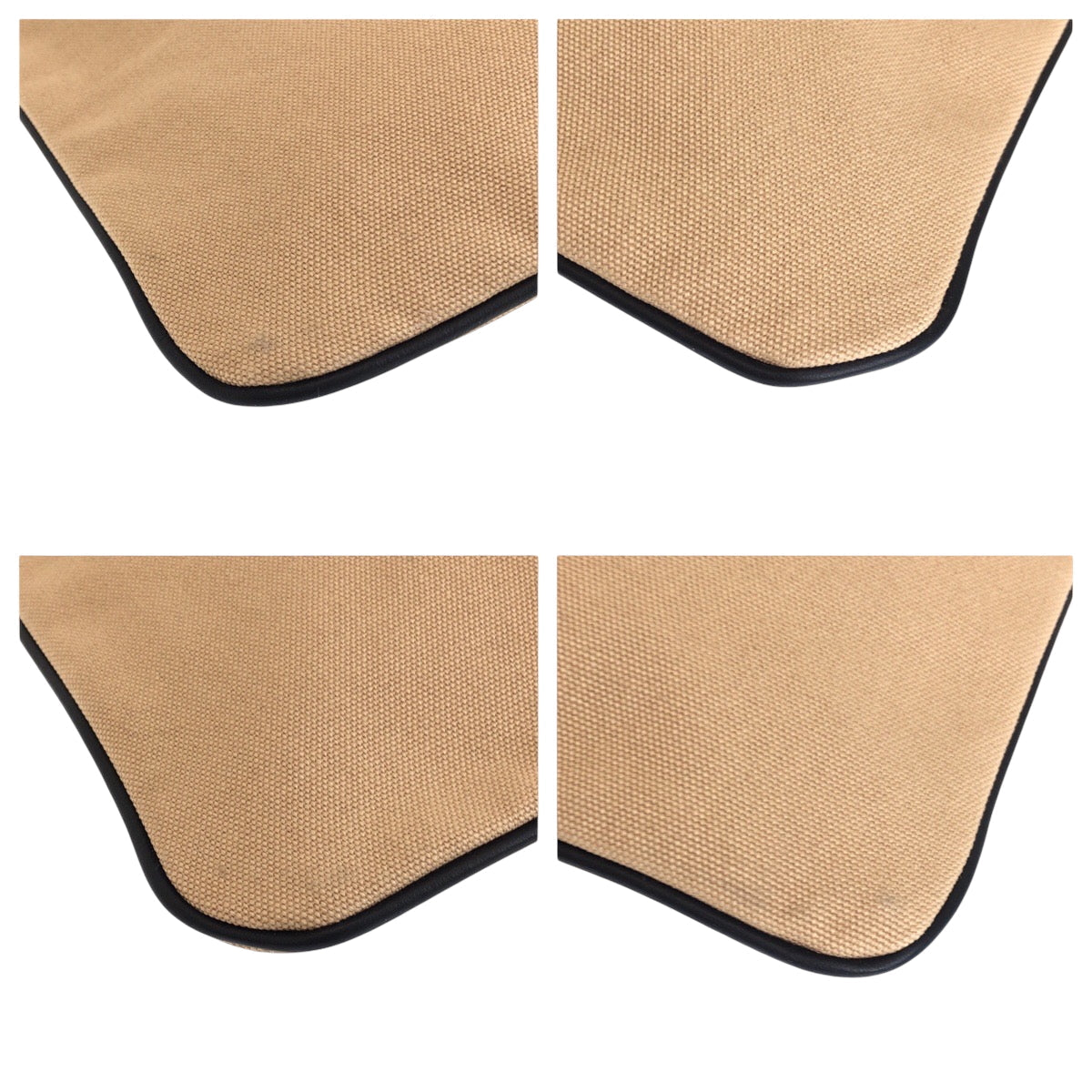 Four beige car seat covers with black edges on a white background