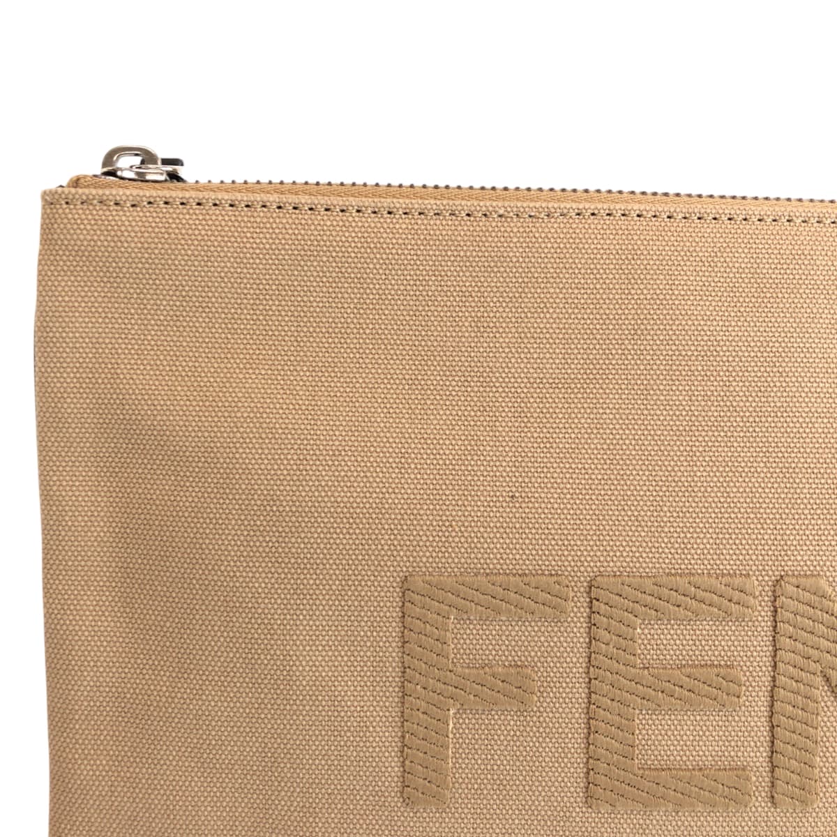 Beige pouch with 'FENDI' logo on a white background