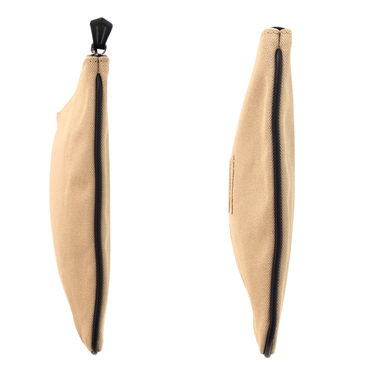 Two beige fabric products with black zippers on a white background