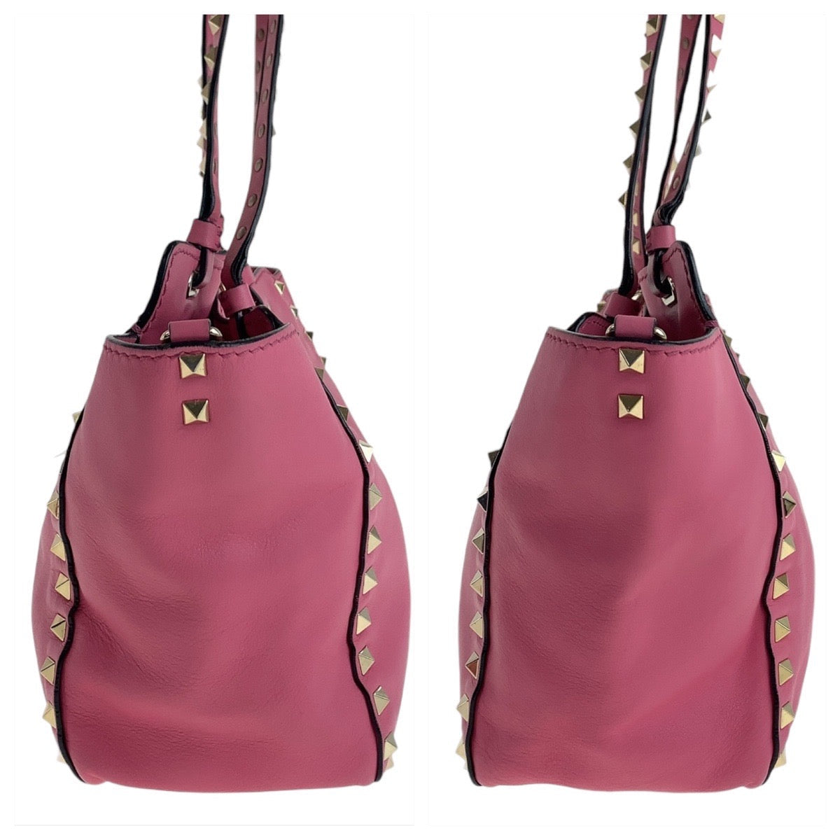 Pink handbag with gold studs on a white background