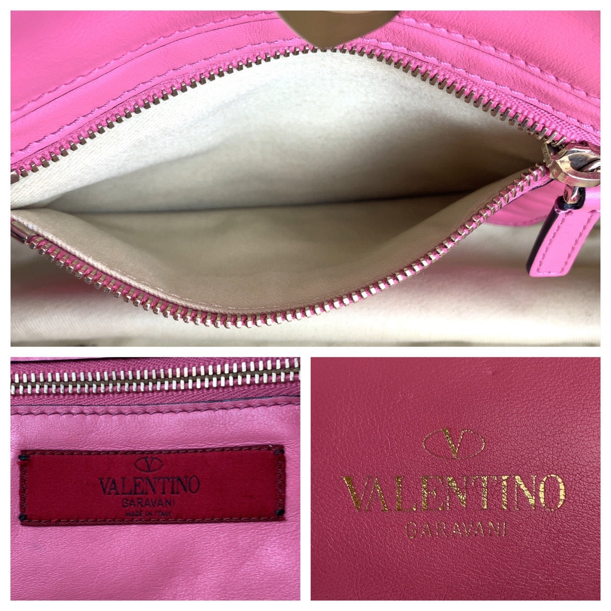 Collage of a pink handbag with visible brand logo and text.