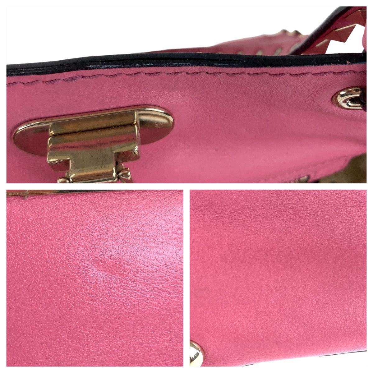 Close-up of a pink handbag with a gold clasp, showing texture and color.