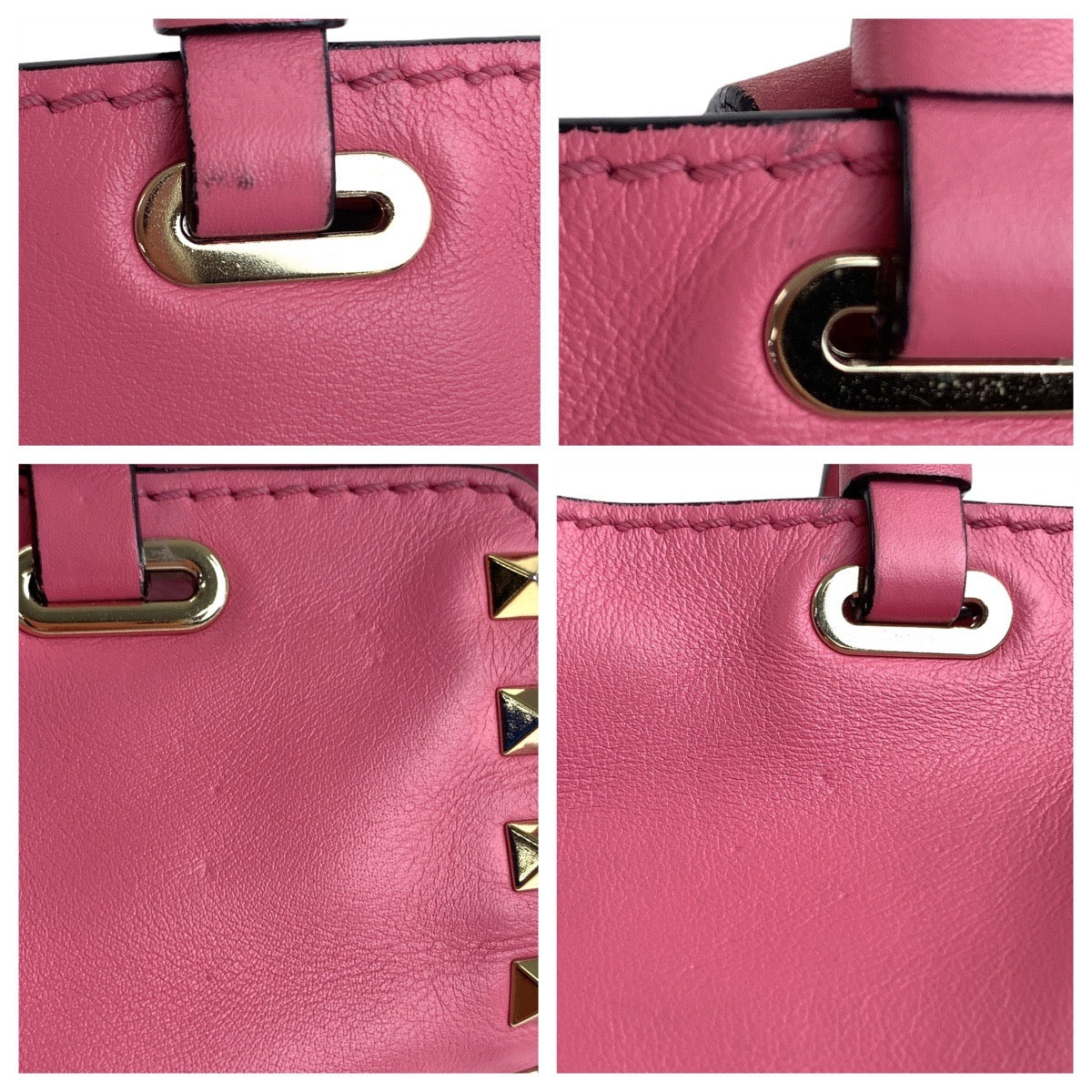 Collage of close-up shots of a pink handbag with gold hardware and studs.