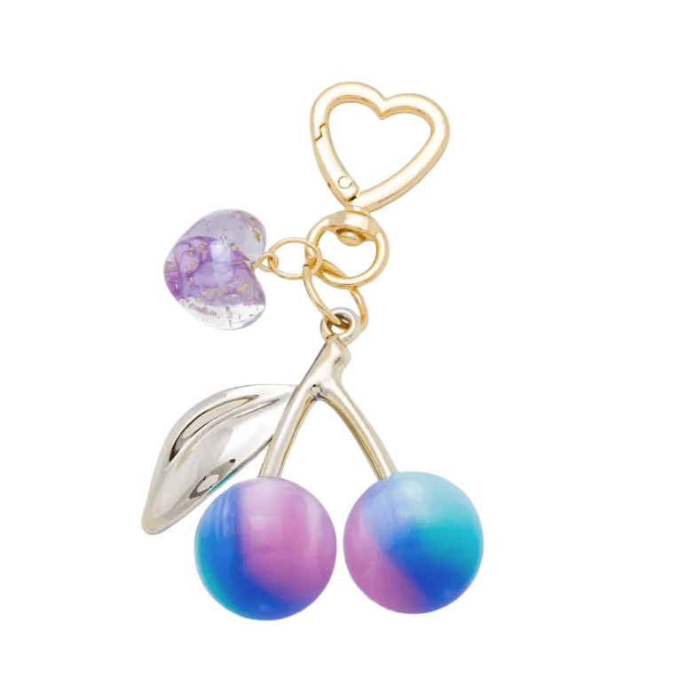 Cherries Bag Charm Keychain Blue – Gold Heart Clip | Acrylic Cherry Charm | Boutique Accessory | New