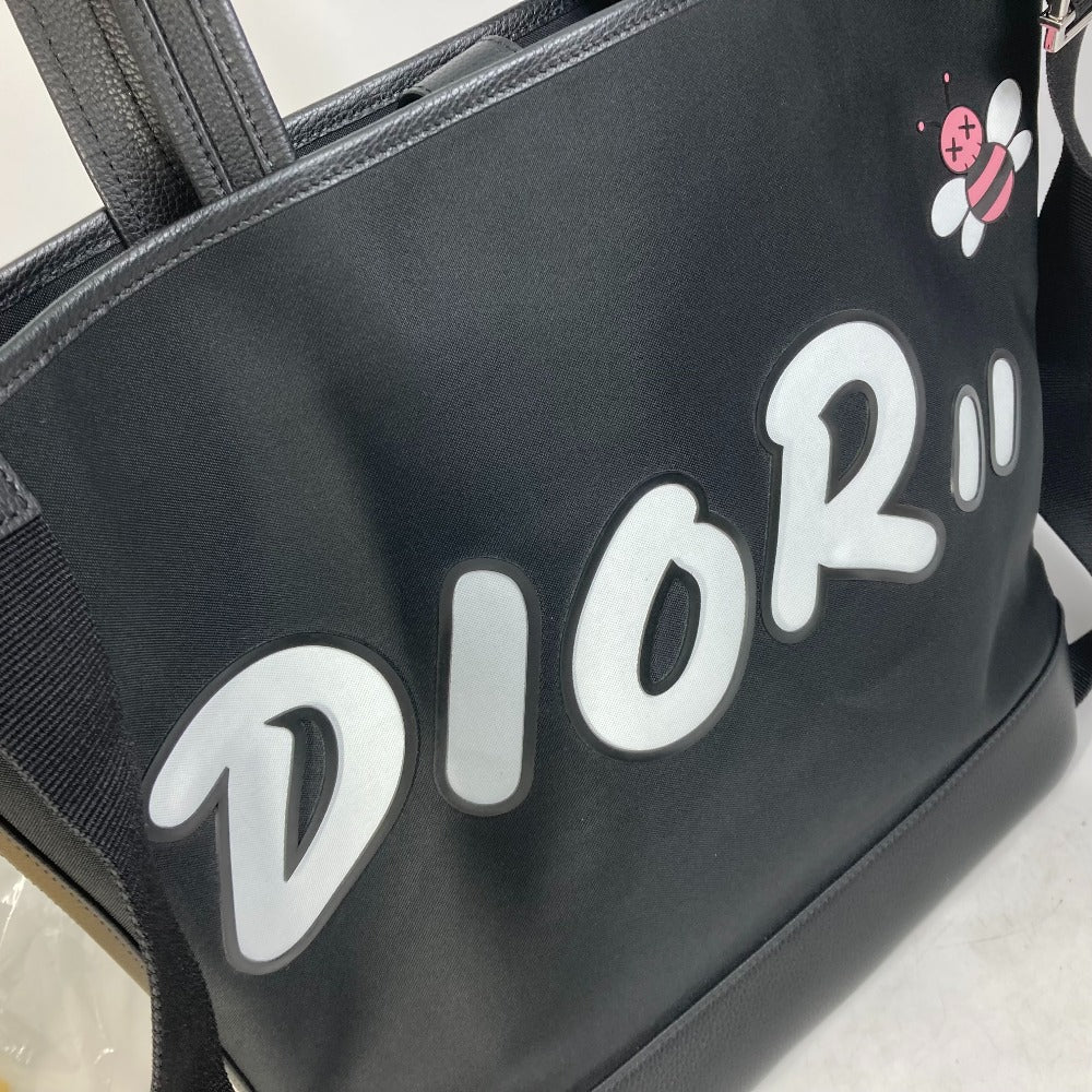 logo Christian Dior X KAWS Nylon and Calfskin Logo Bee Tote Black