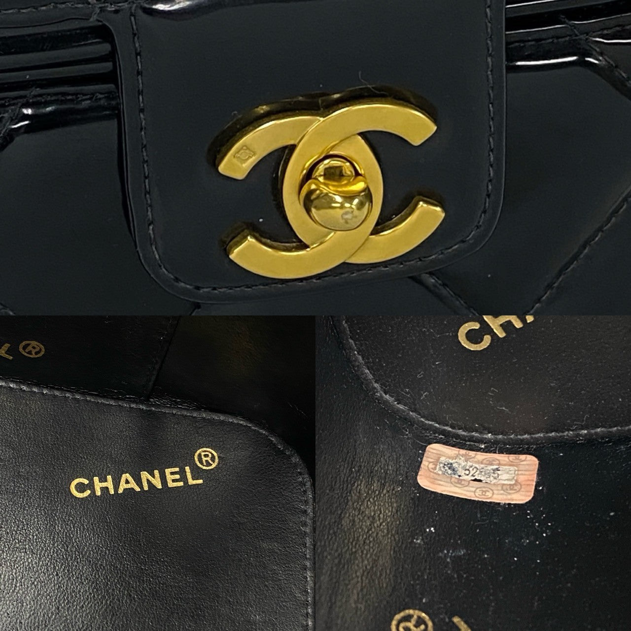 Close-up of a Chanel black handbag with gold logo and visible branding.